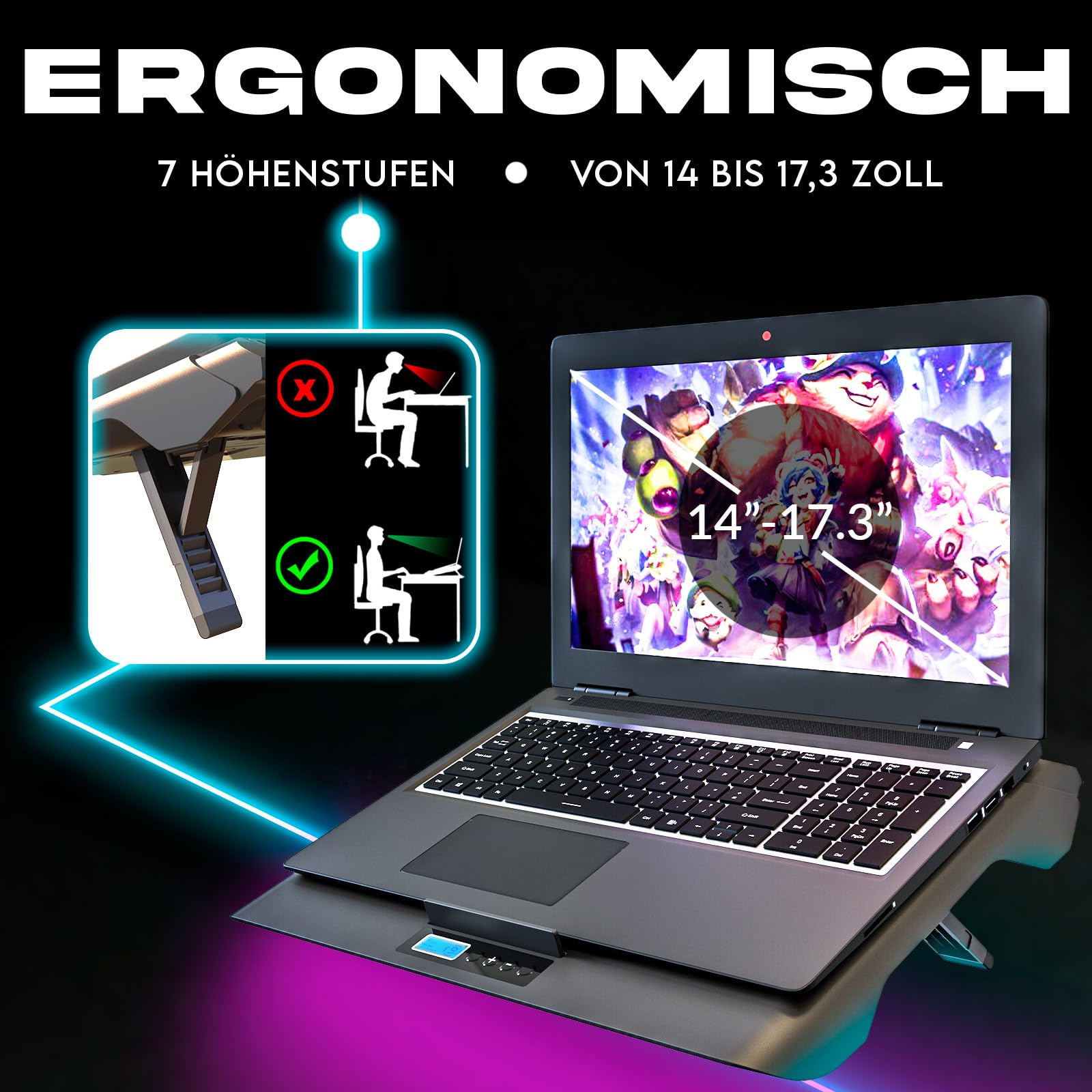 Ergonomischer Laptop-Ständer für 14 bis 17,3 Zoll Laptops mit Höhenverstellung.