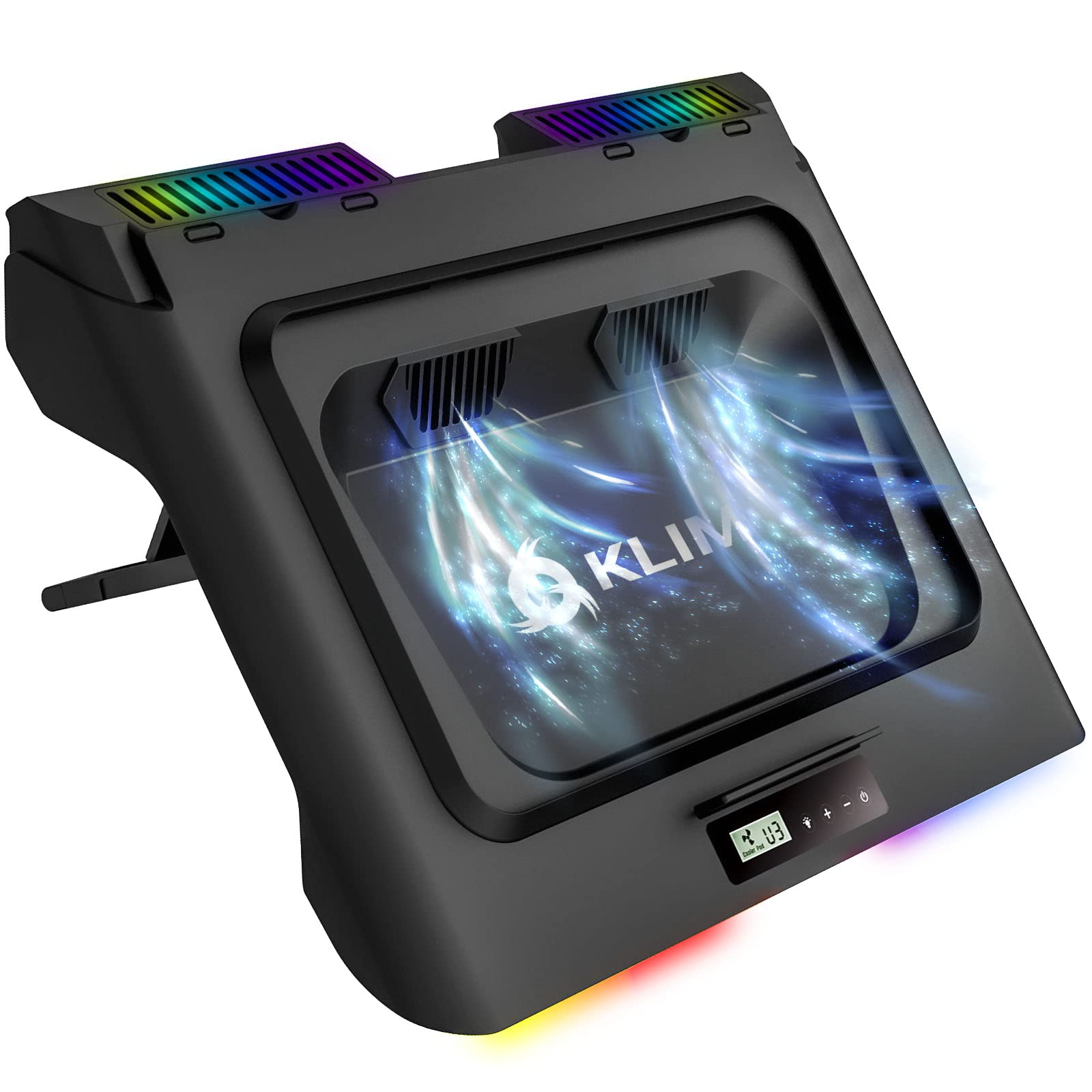 Ein schwarzes KLIM Laptop-Kühlpad mit leuchtend blauen Lichteffekten, RGB-Akzenten und einem digitalen Bedienfeld.