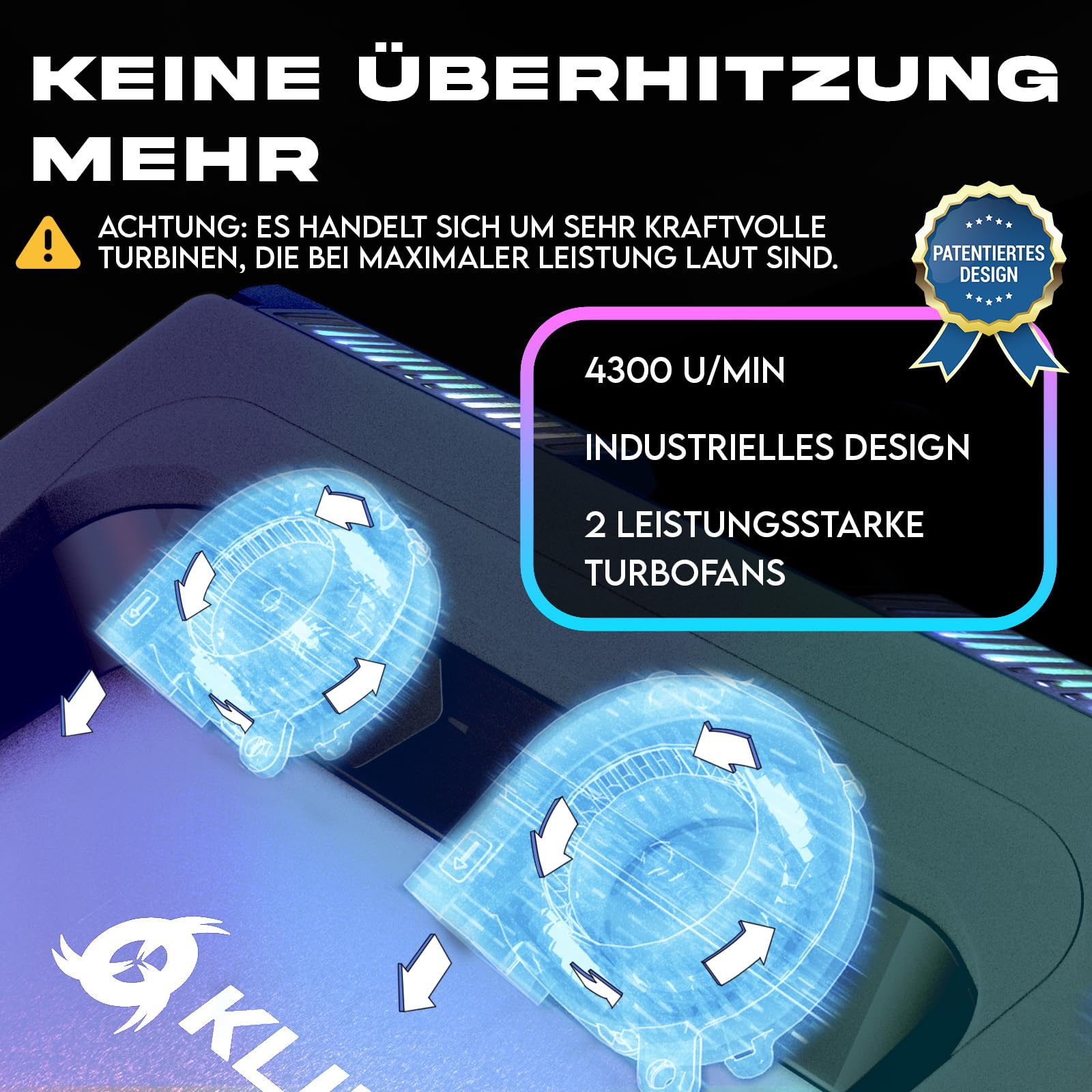 Produktwerbung für Laptop-Kühler mit zwei leistungsstarken blauen Turboventilatoren.