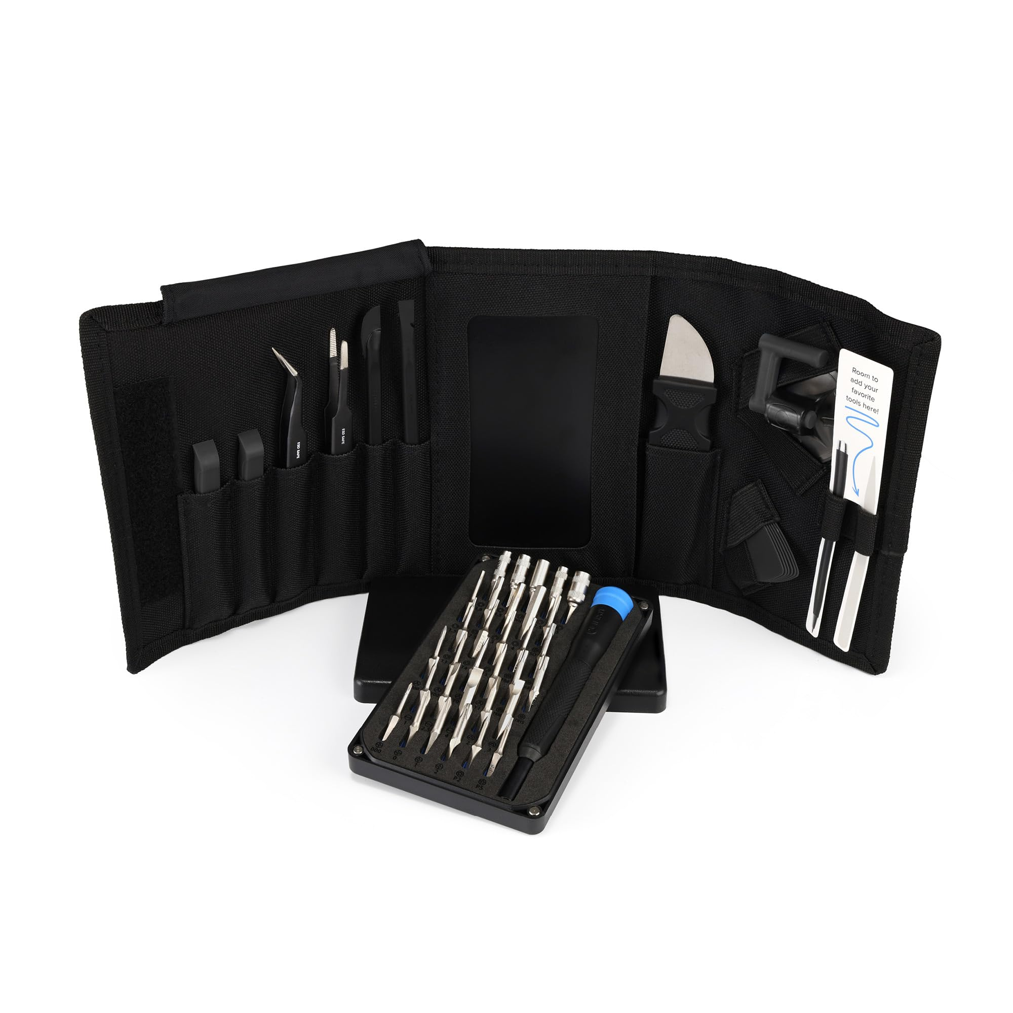 Un kit di attrezzi nero con vari cacciaviti di precisione, pinzette e strumenti di apertura.