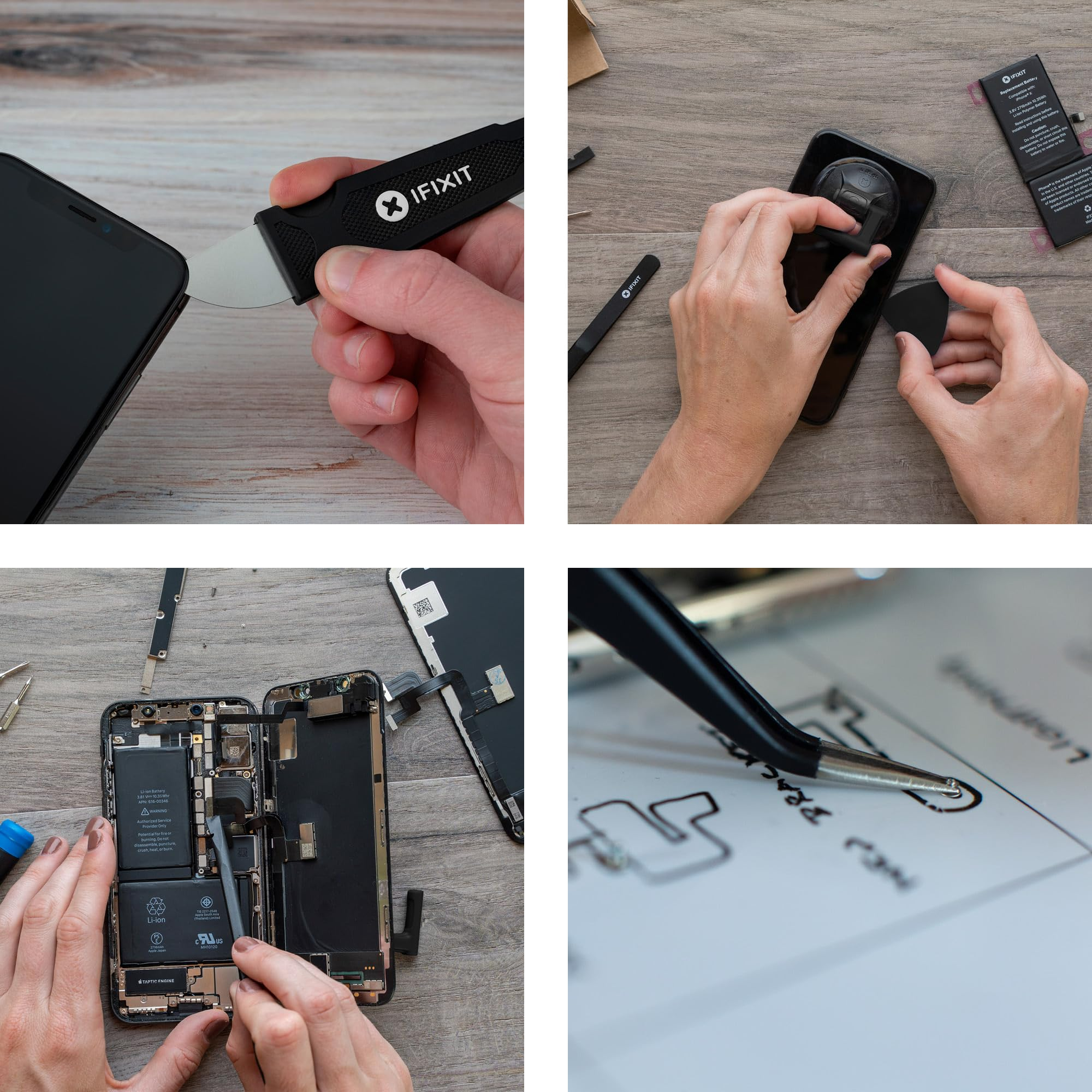 Mani che riparano uno smartphone su un tavolo di legno, usando strumenti come un utensile di apertura, ventosa e pinzette.