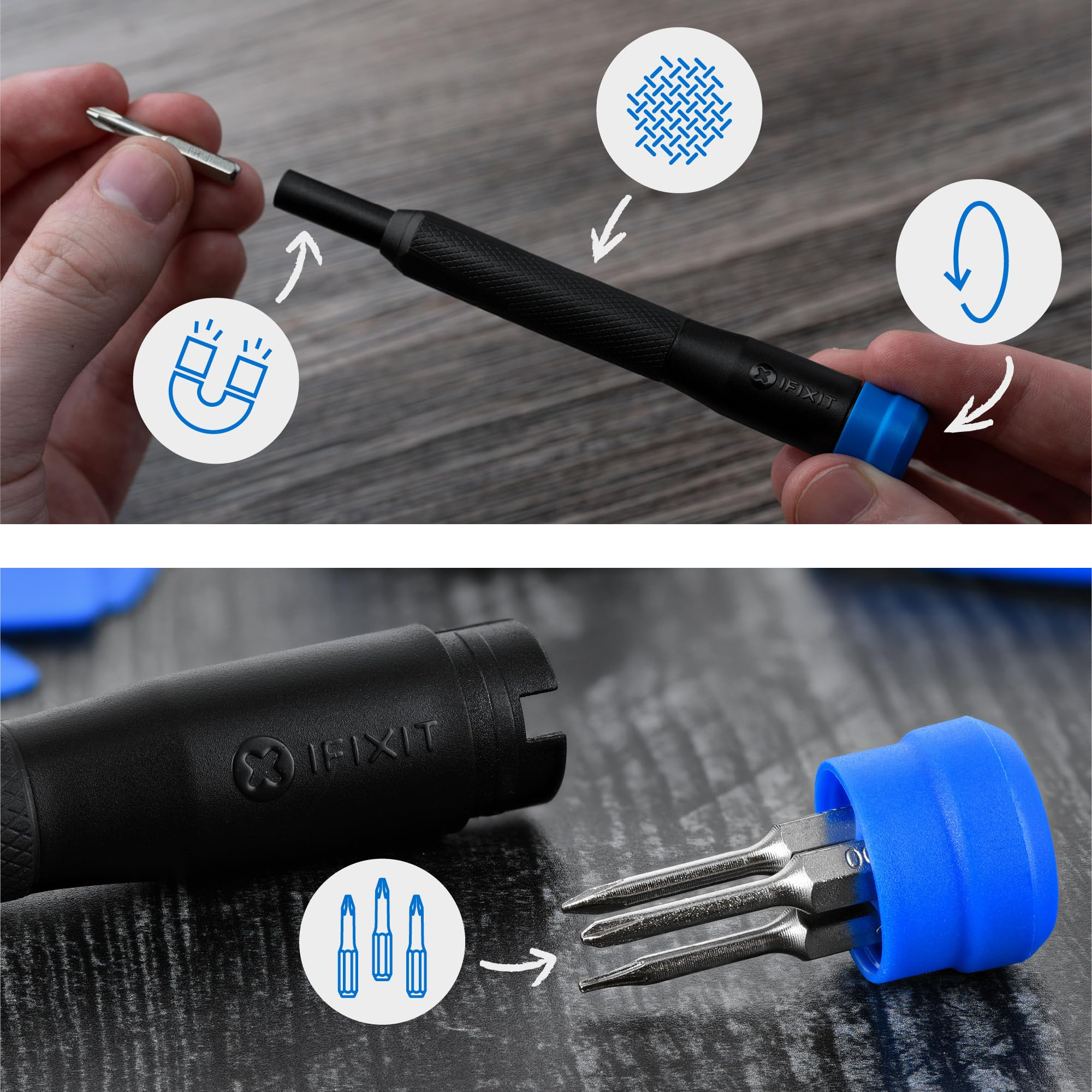 Mani che tengono un cacciavite iFixit con punta magnetica, impugnatura zigrinata e tappo blu girevole.