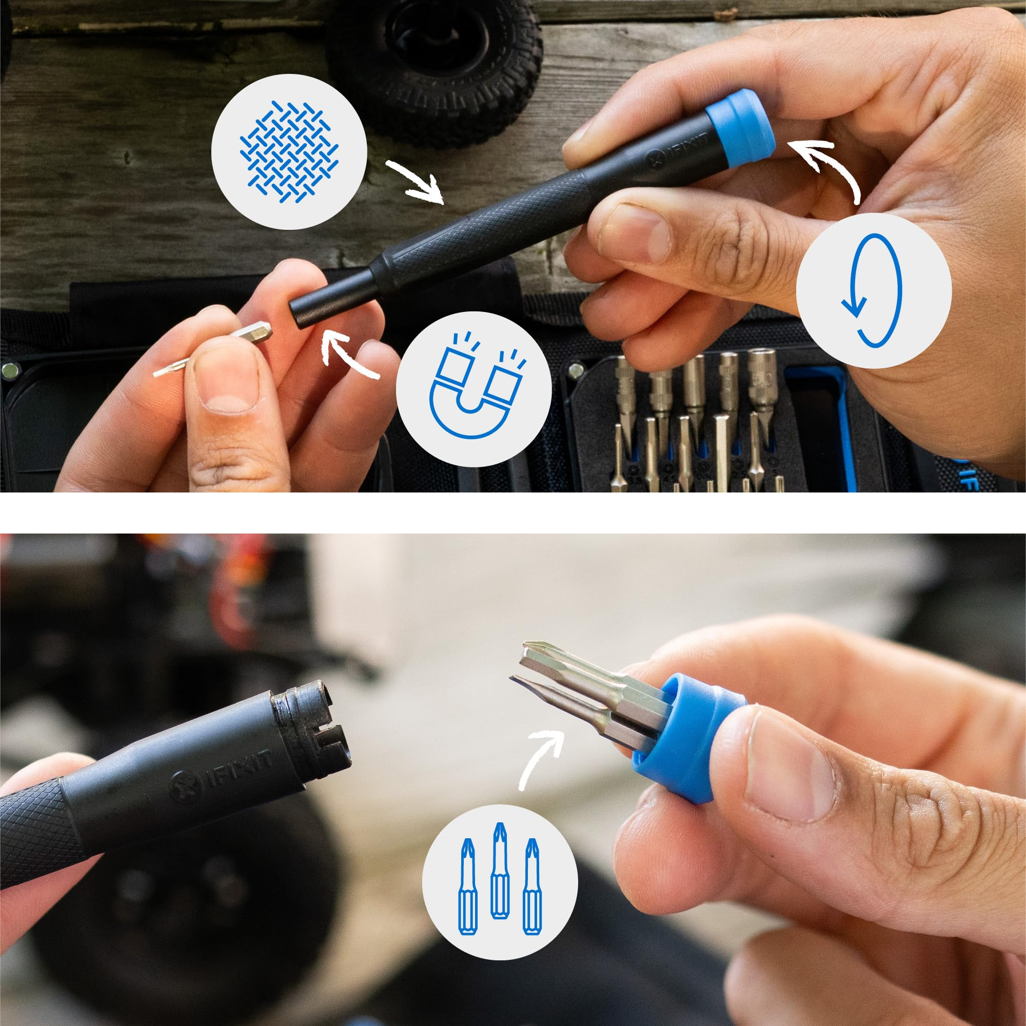 Le mani mostrano un cacciavite magnetico iFixit con punte intercambiabili e cappuccio rotante.