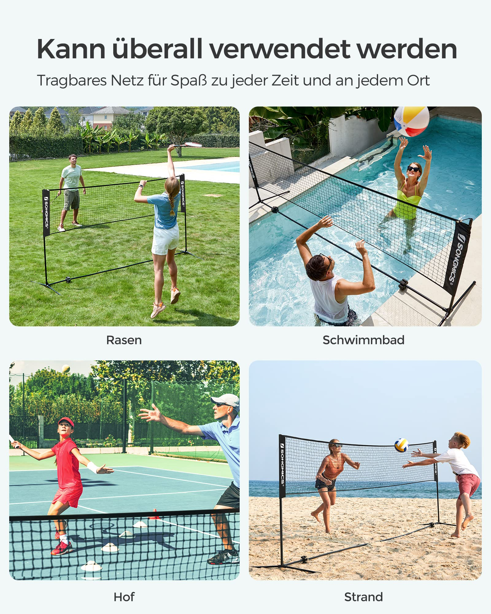Una rete portatile per vari sport come tennis e pallavolo su prato, in piscina, in giardino e in spiaggia.