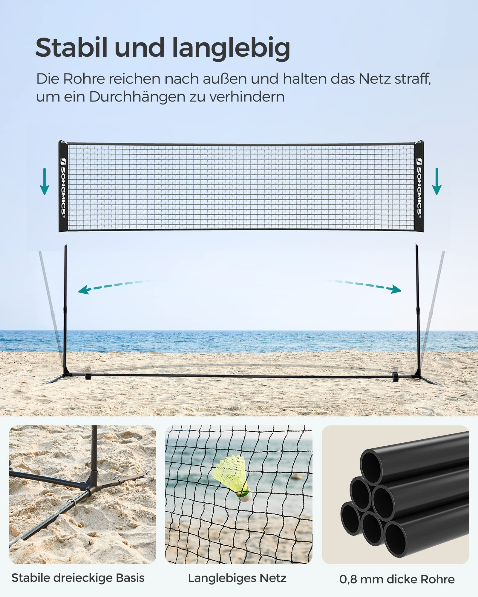 Stabile rete da badminton da spiaggia con base triangolare, volantino giallo e tubi spessi.