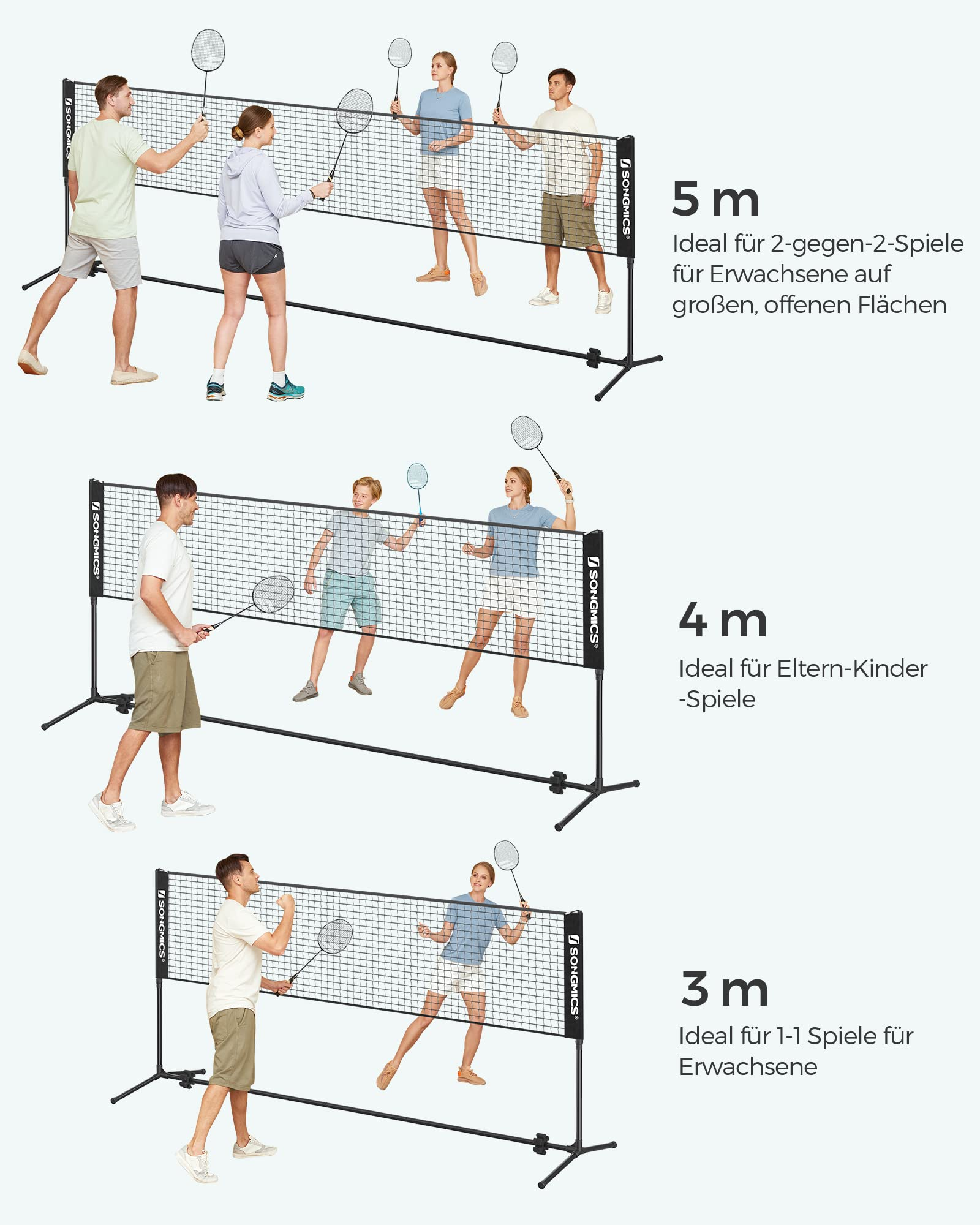 Tre reti da badminton di 5m, 4m e 3m con persone che giocano.
