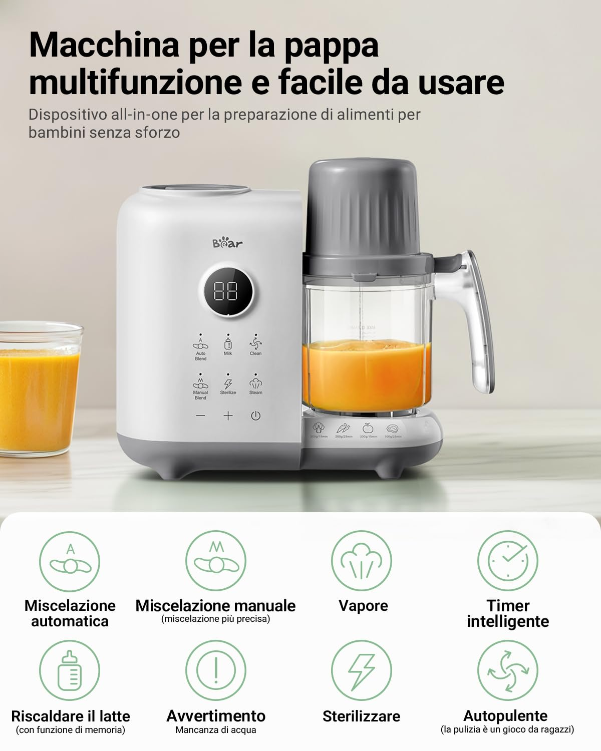 Multifunktionaler weiß-grauer Baby-Nahrungszubereiter mit digitalem Display und gefülltem Mixbehälter.