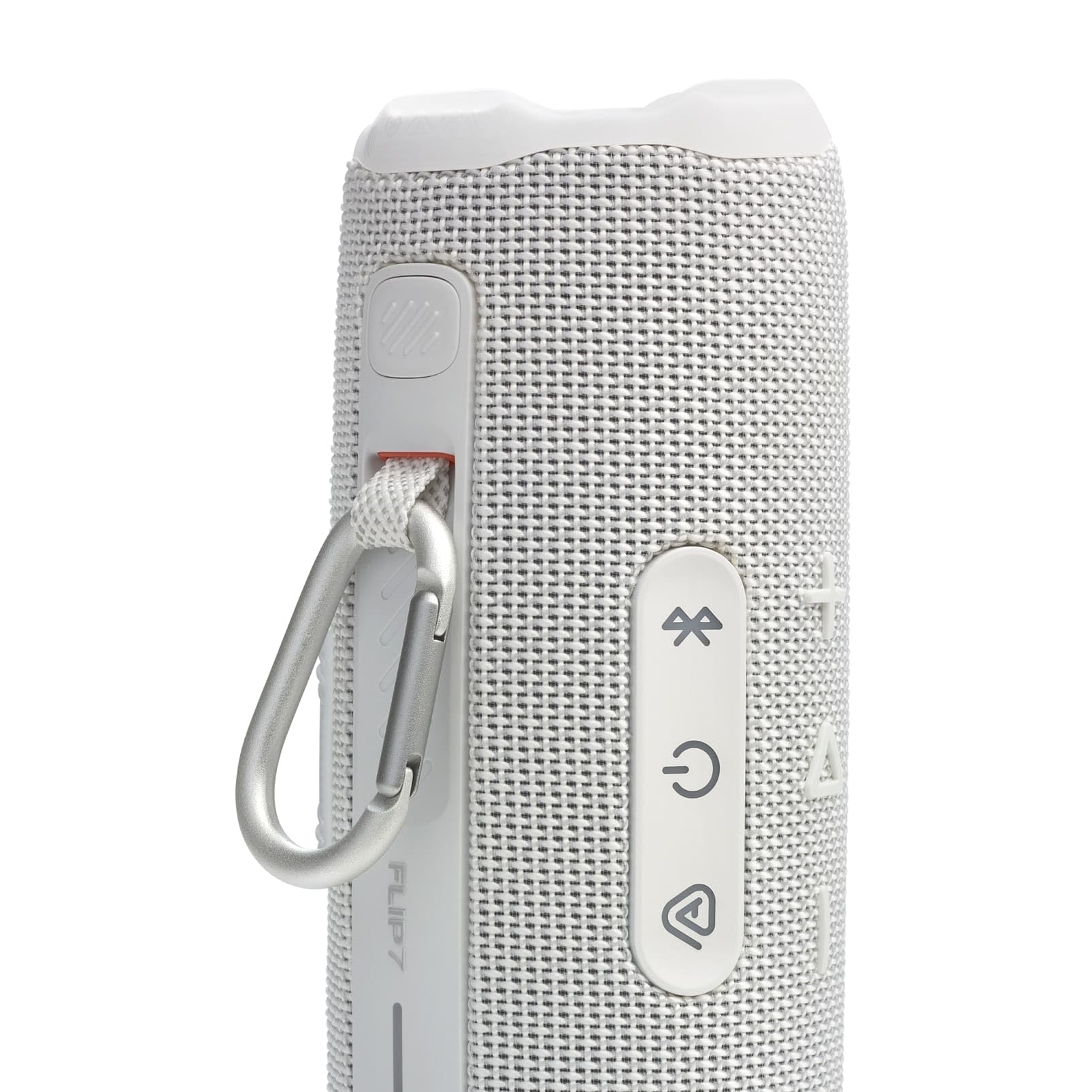 Nahaufnahme eines weissen JBL Flip 7 Bluetooth-Laute sprechers mit einem silbernen Karabinerhaken.