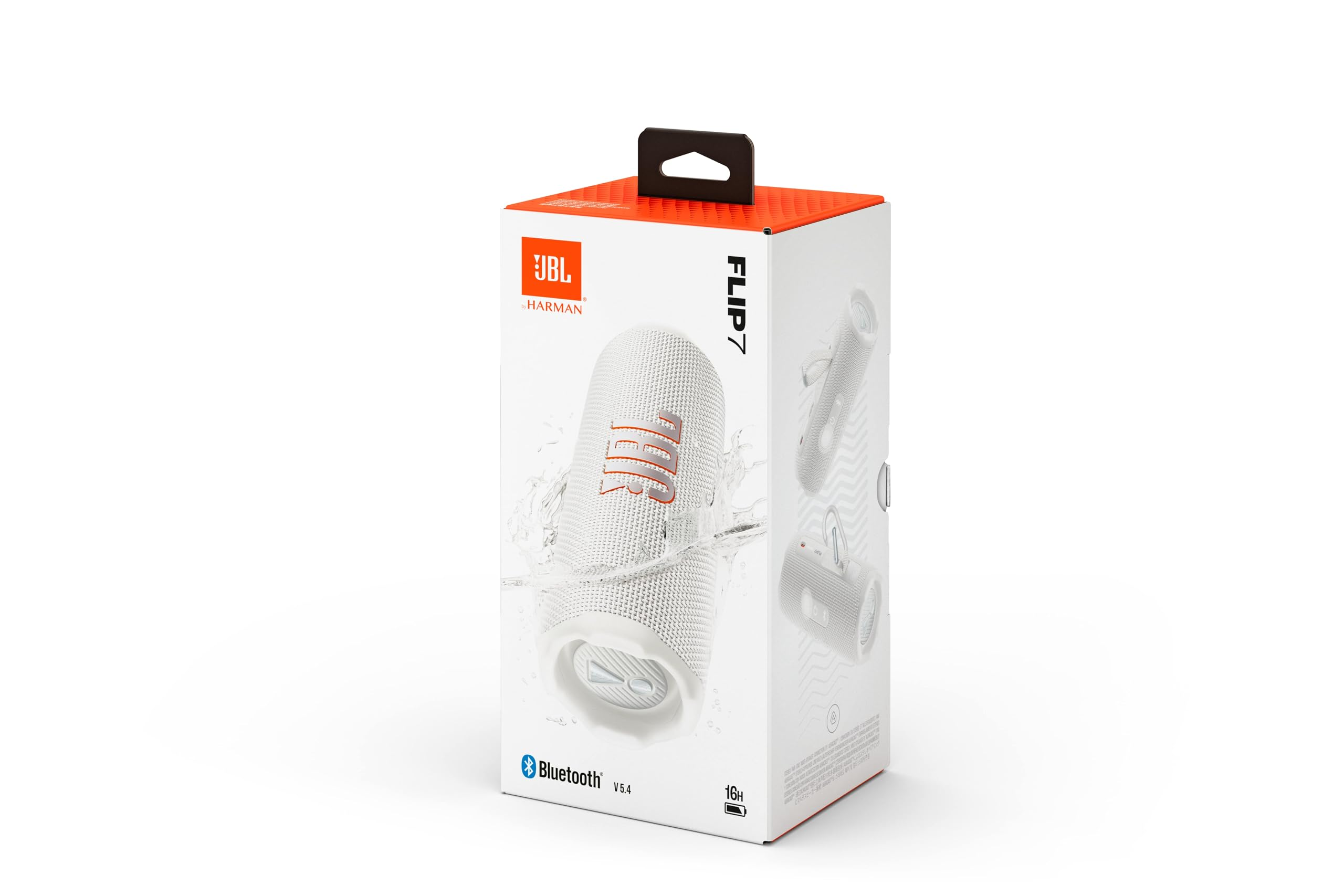 Verpackung eines weißen JBL Flip 7 Bluetooth-Lautsprechers mit Wasserspritzern auf weißem Hintergrund.