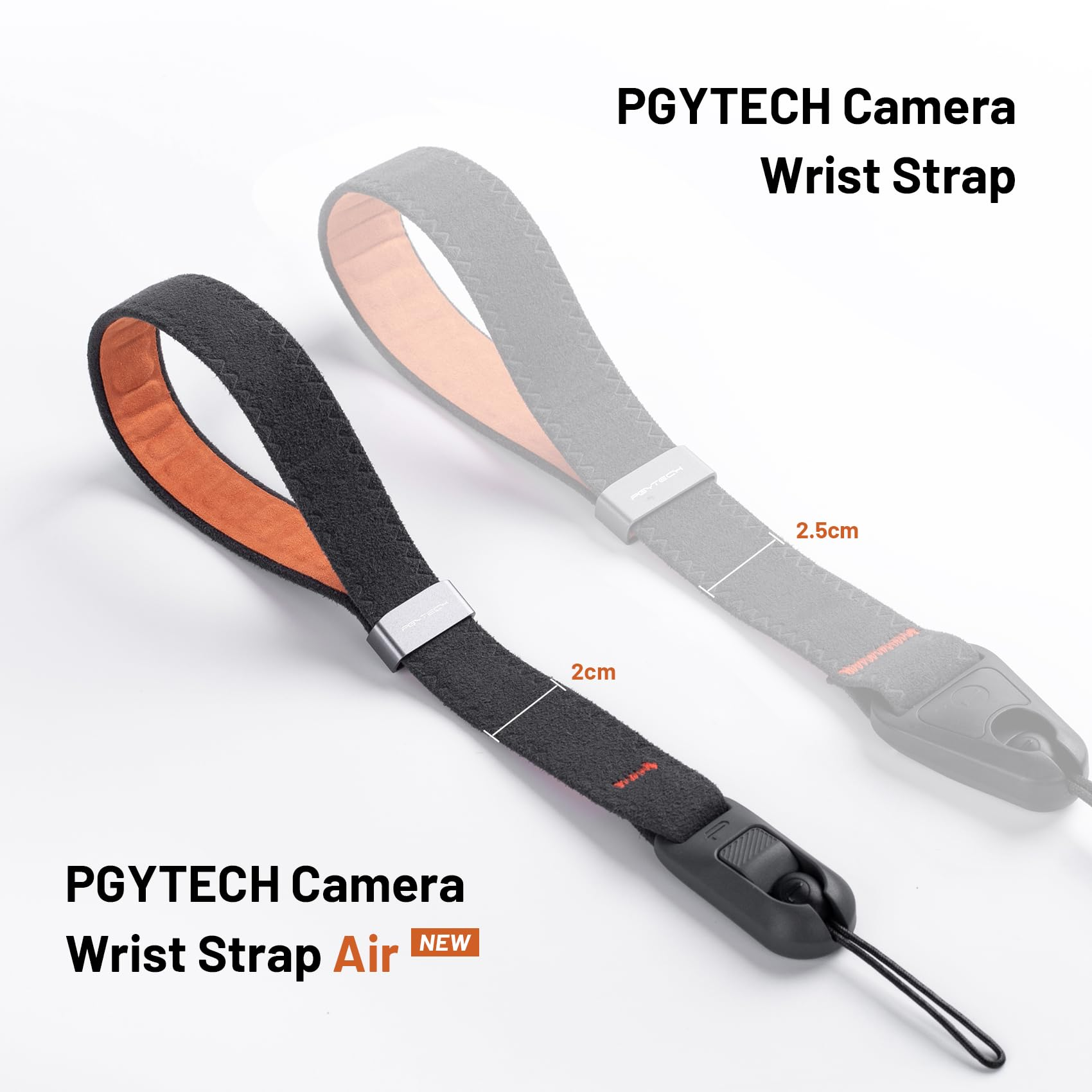 PGYTECH Kamera-Handschlaufe Air mit schwarzem Band und oranger Innenseite auf weißem Hintergrund.