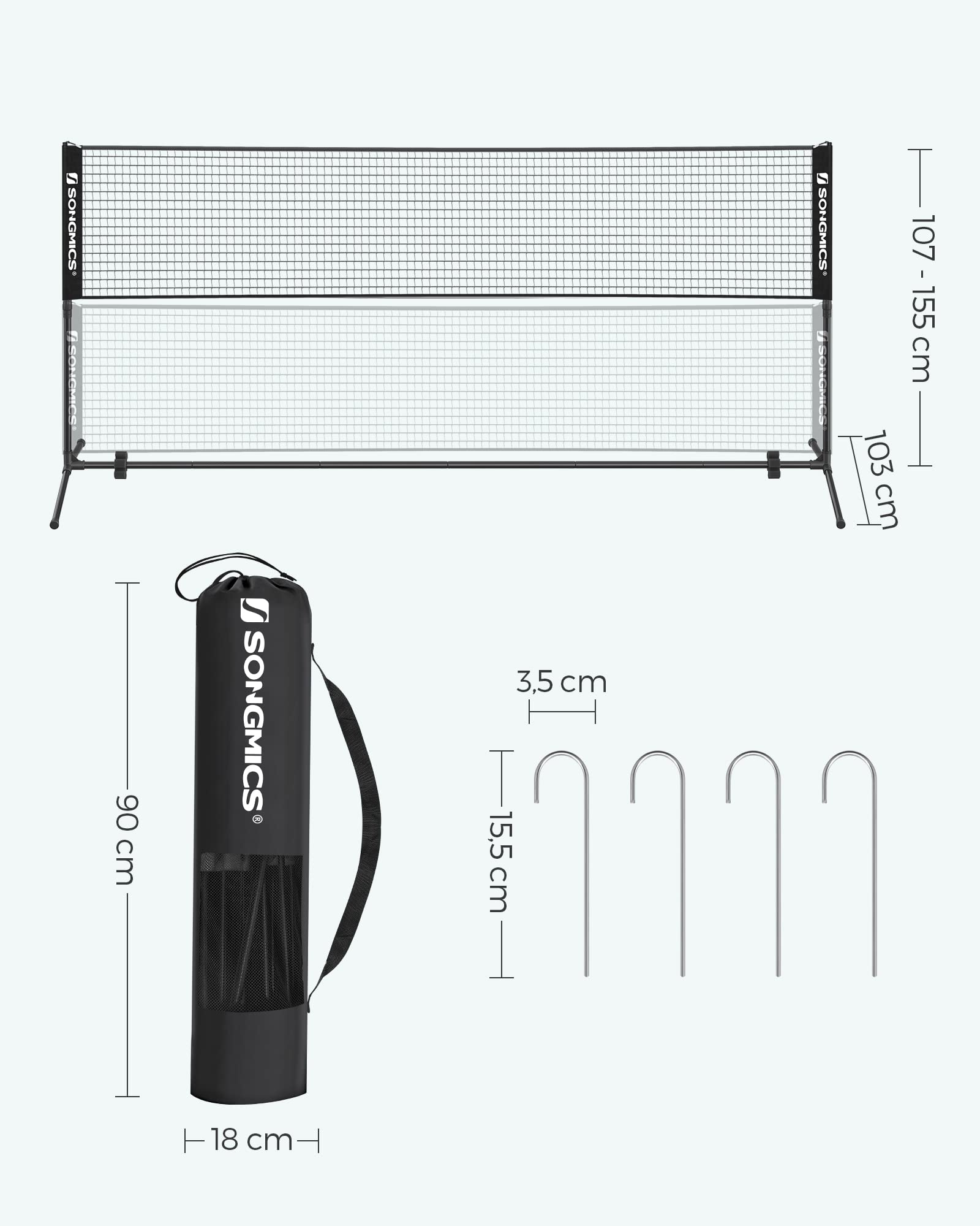 Disegno tecnico di una rete sportiva con borsa e picchetti, incluse le dimensioni.