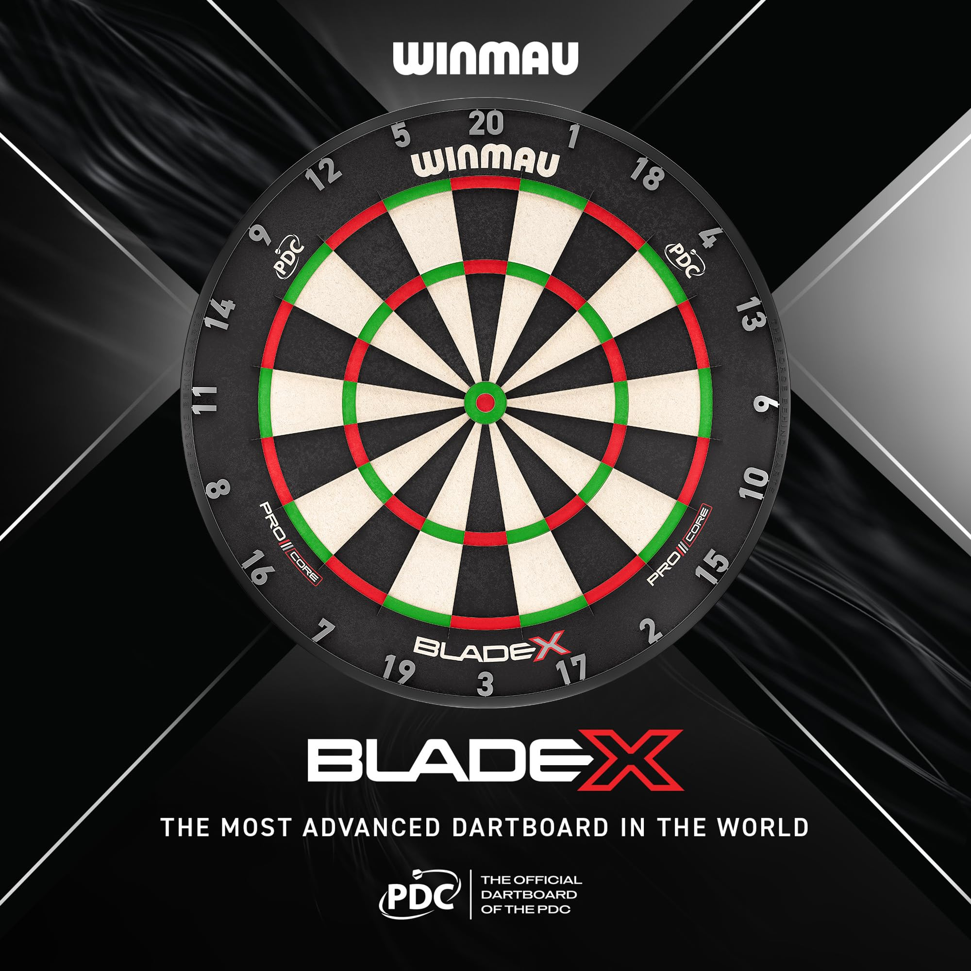 Winmau Blade 6 Dartboard auf schwarzem Hintergrund mit Text.