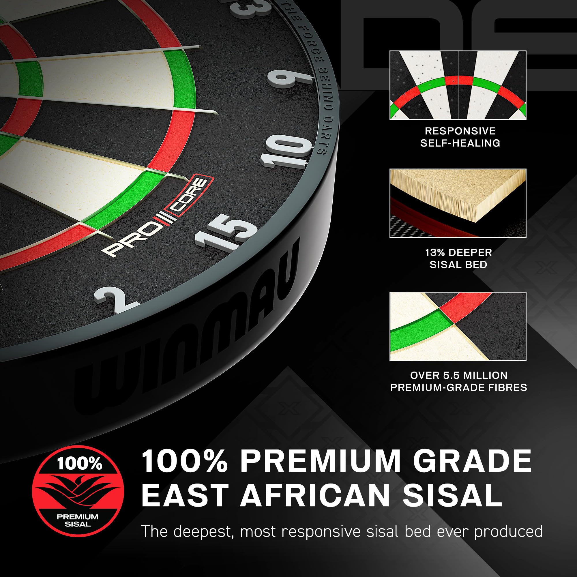 Eine Dartscheibe mit Texten wie 100% Premium Grade East African Sisal und Detailbildern zur Qualität.