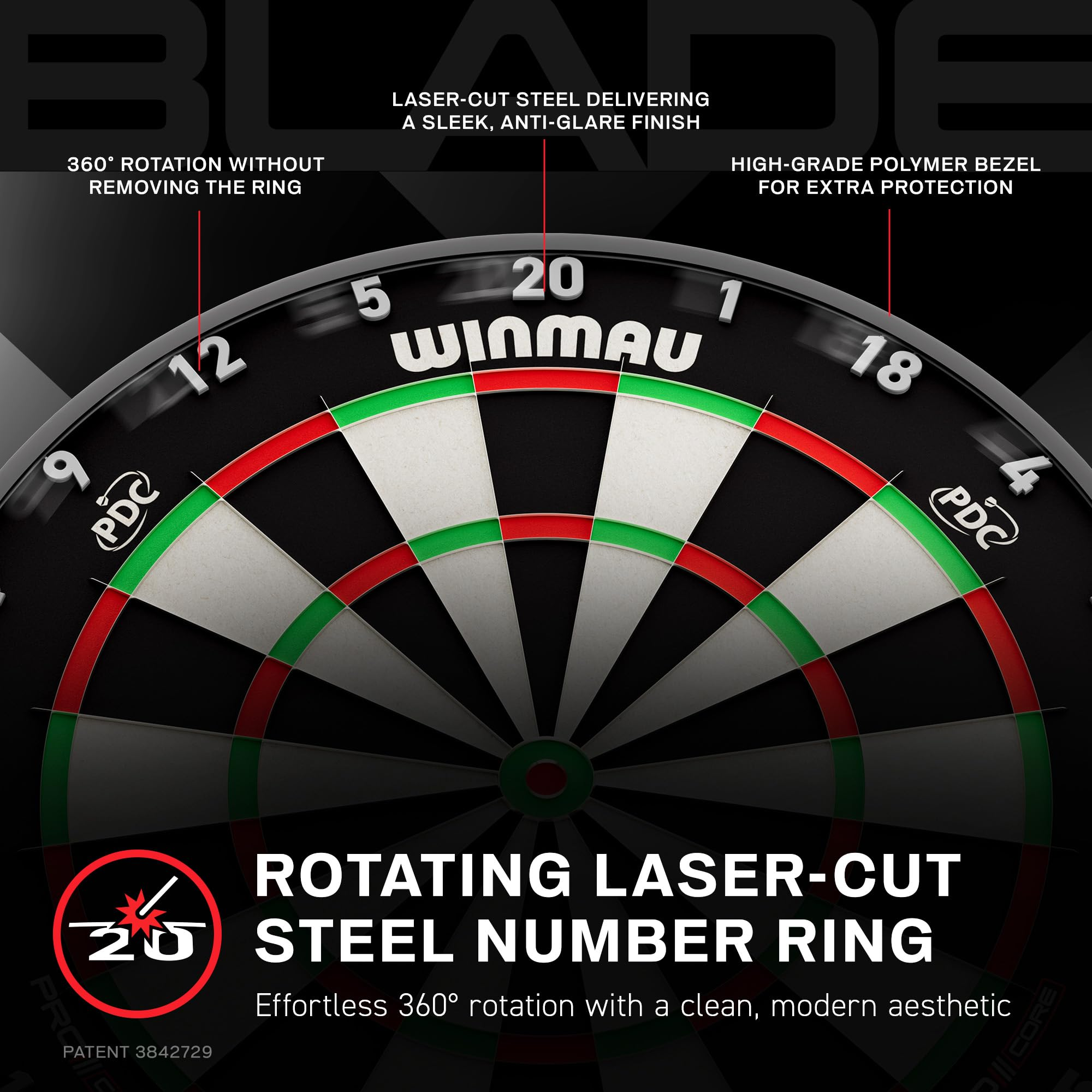 Ein Winmau Dartboard mit rotierendem Nummernkring und erklärenden Produktmerkmalen.