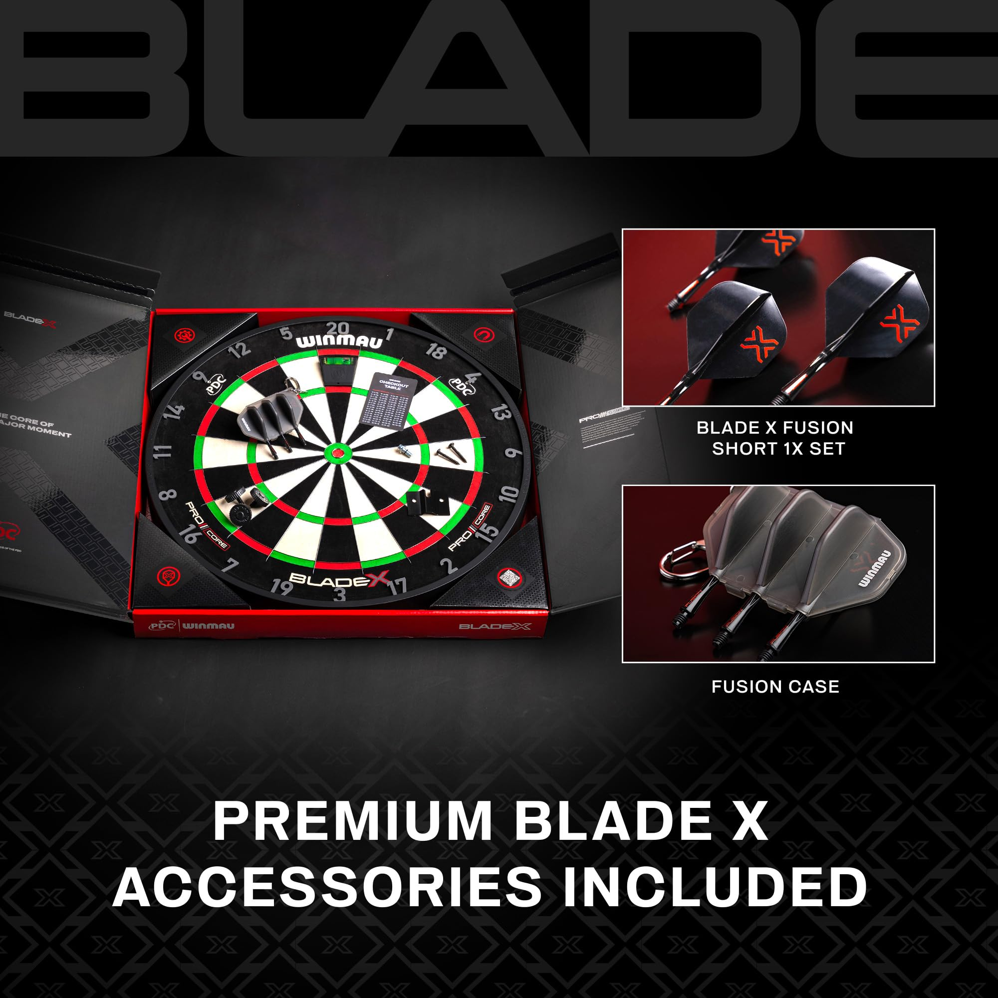 Ein Winmau Blade X Dartboard in geöffneter Schachtel mit Darts, Zubehör und Einsätzen.