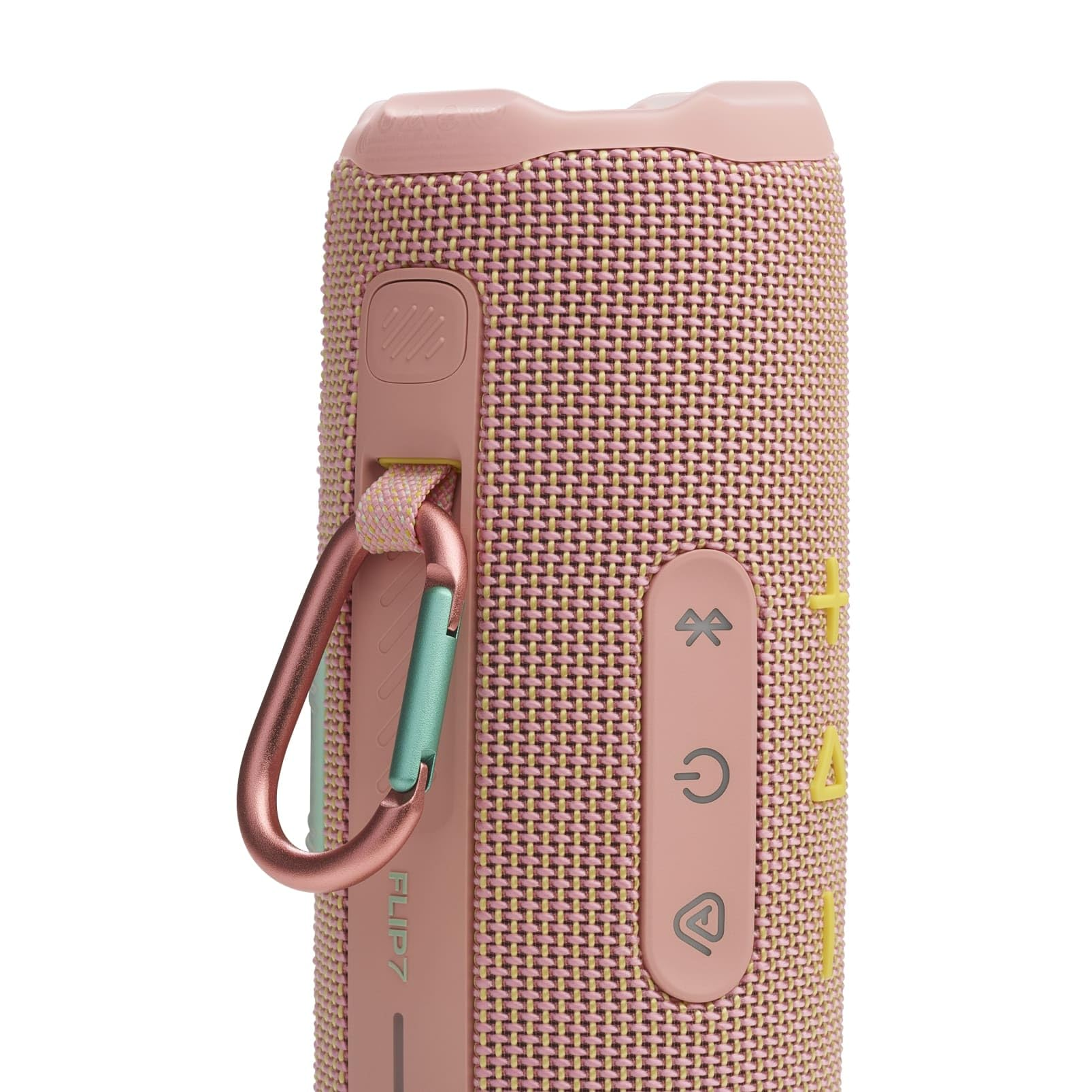 Rosa Bluetooth-Lautsprecher mit integriertem Karabinerhaken und Stoffbezug.