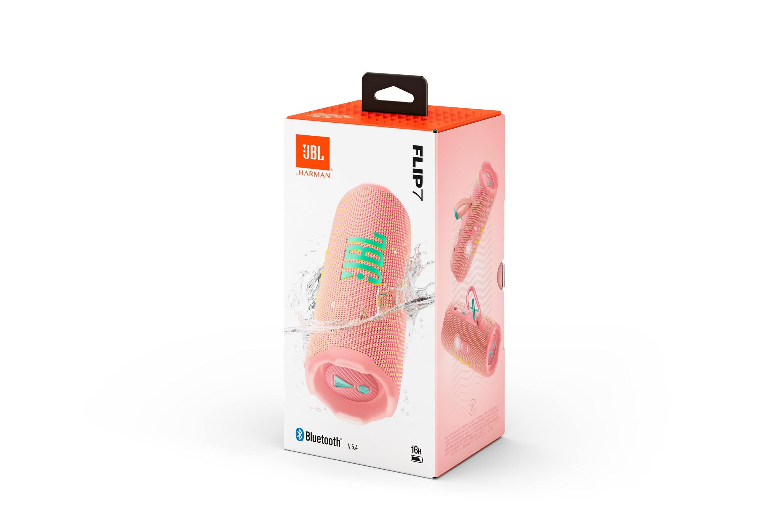 Eine rosa JBL Flip 7 Bluetooth-Lautsprecherbox mit Lautsprecherbild und Wasserspritzern auf weißem Hintergrund.