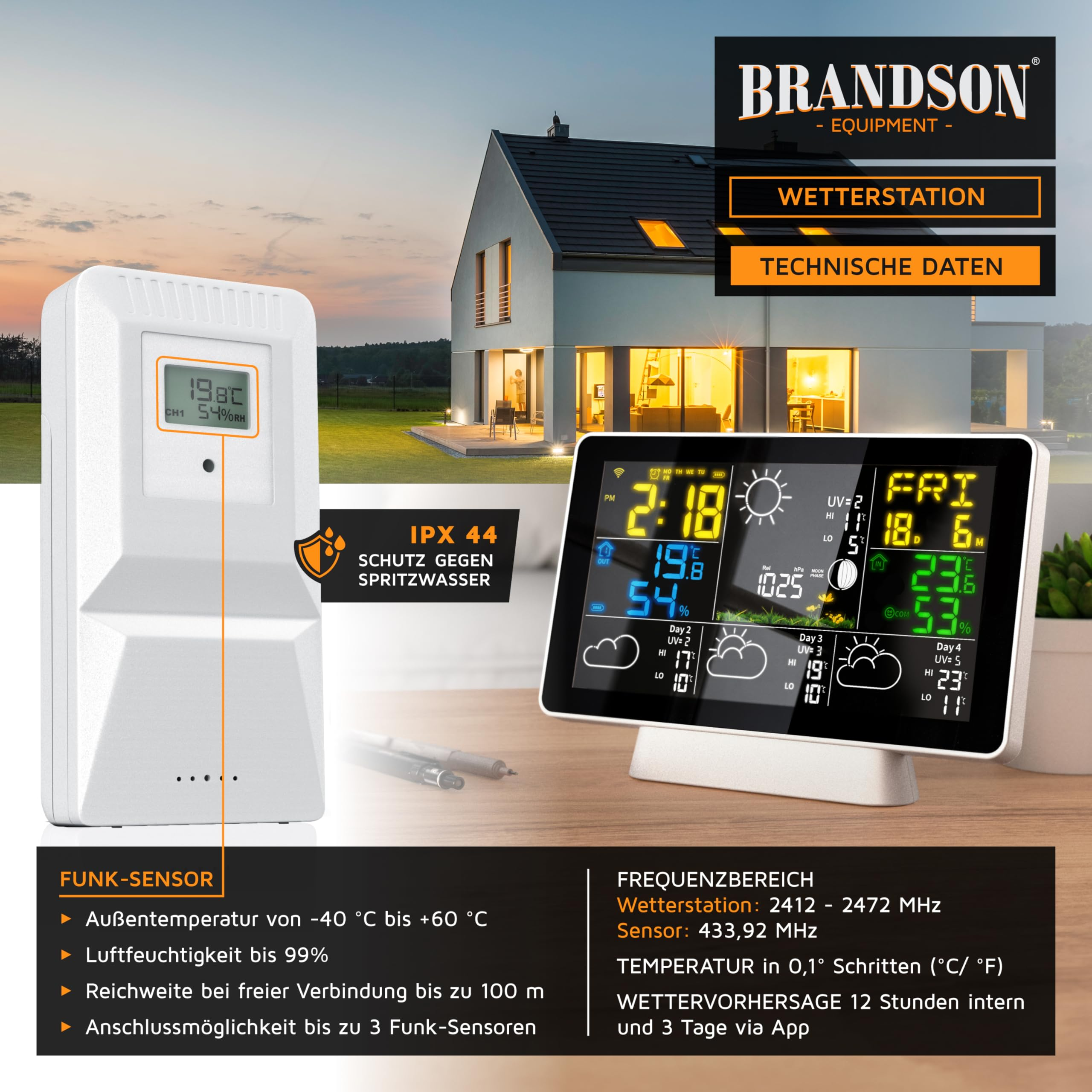 Station météo Brandson et capteur sans fil avec données techniques devant une maison moderne au coucher du soleil.