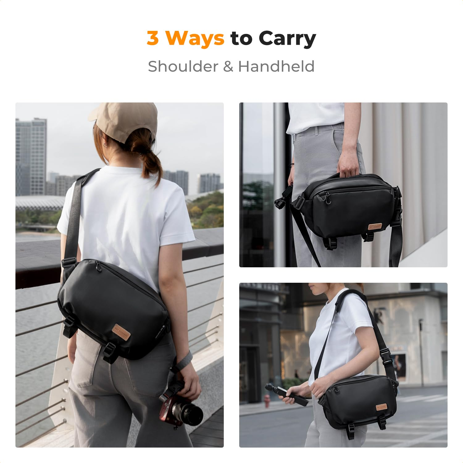 Drei Fotos zeigen eine Person, die eine schwarze Tasche über der Schulter, in der Hand und crossbody trägt.