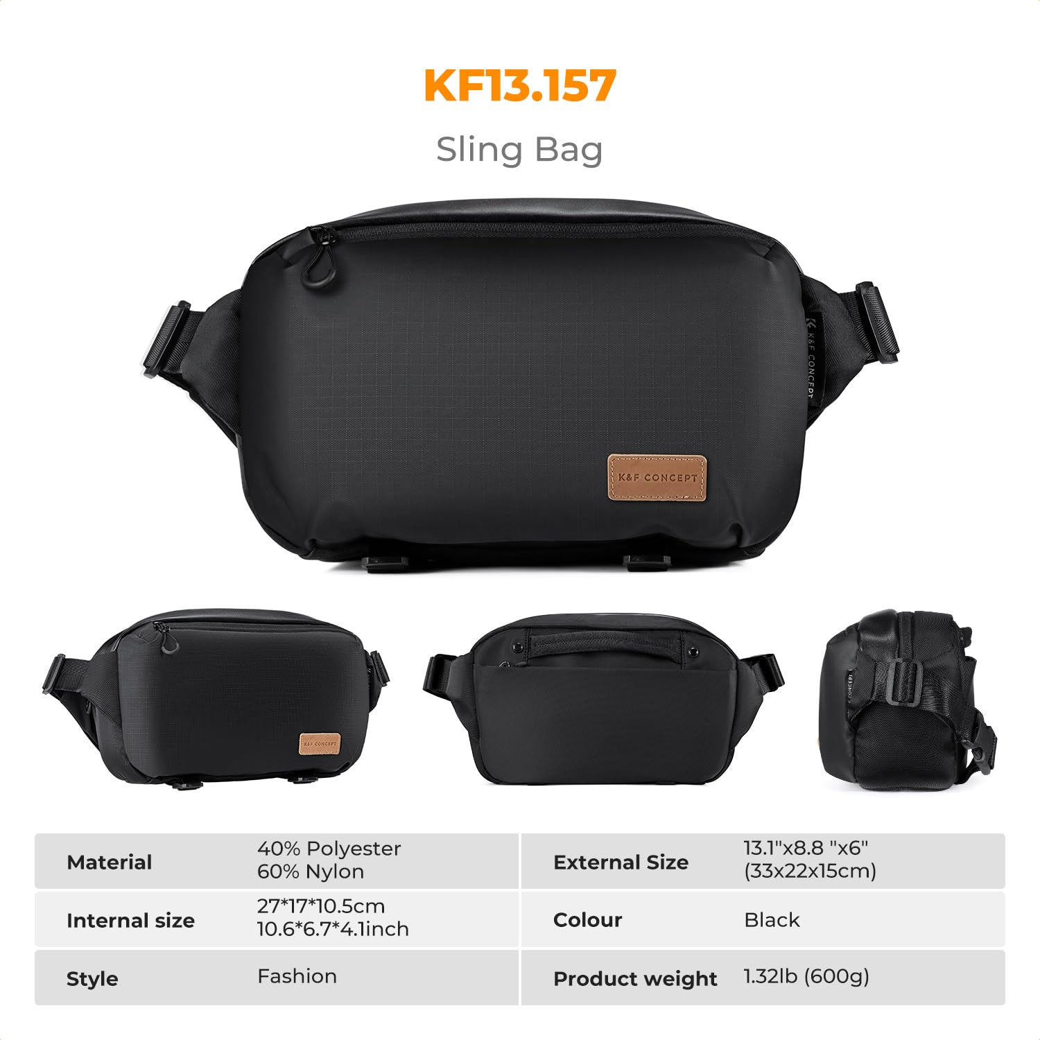 Schwarze K&F Concept Umhängetasche aus Polyester und Nylon, mit Maßen und Produktdetails.
