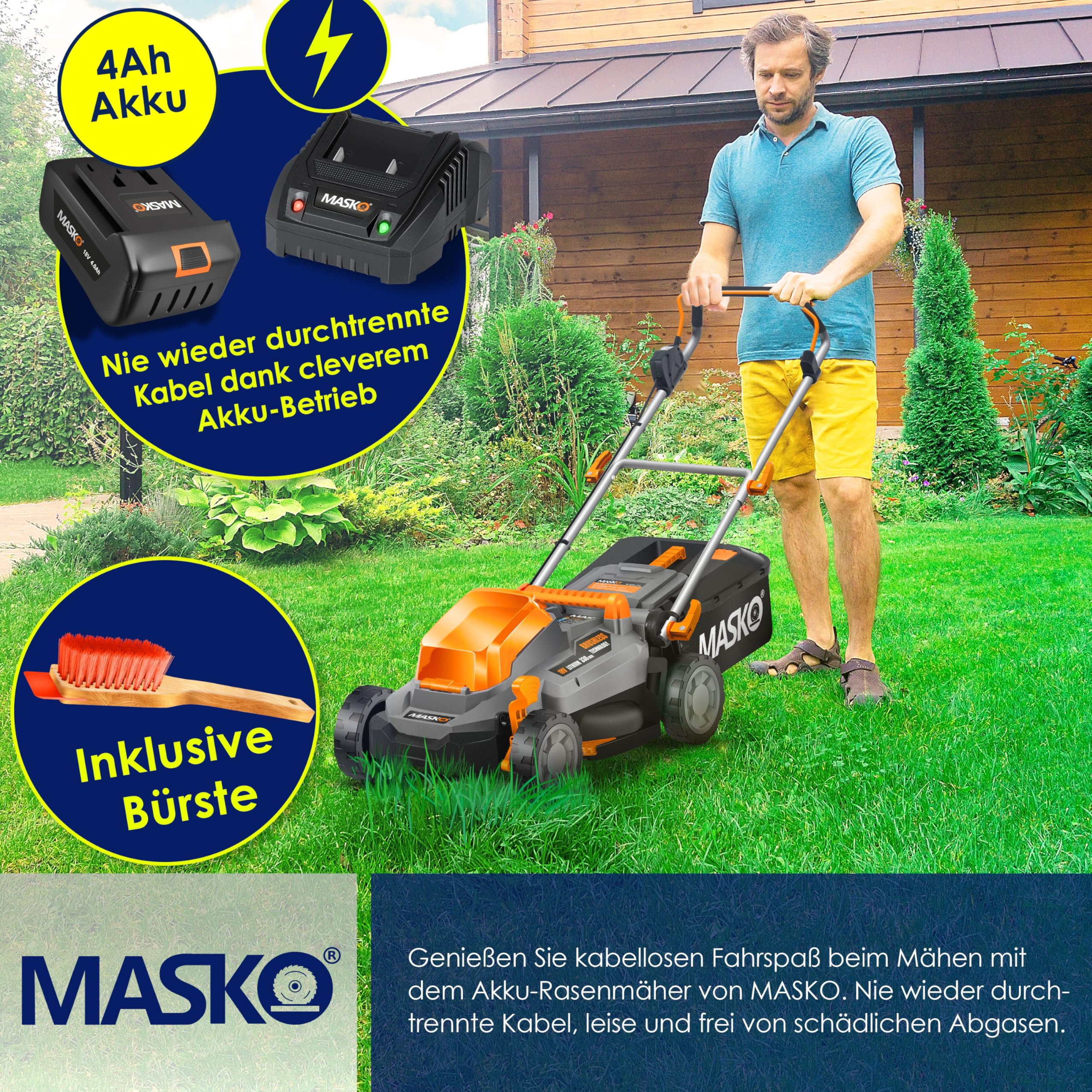 MASKO sans fil Mulch 33cm – avec batterie 4Ah, Tondeuse à gazon (Schnittlargee: 33 cm, avec 30 l volume du panier collecteur)
