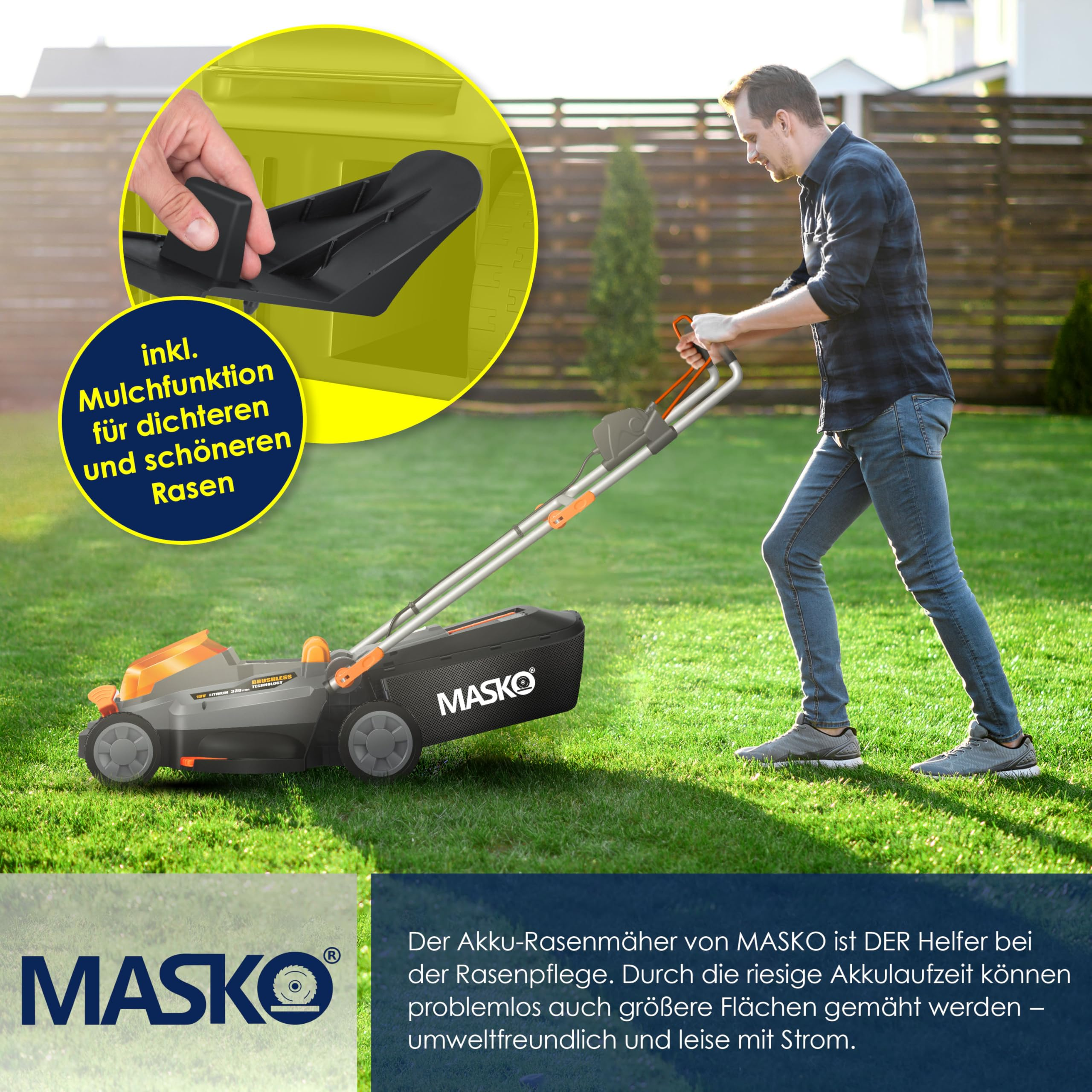 MASKO sans fil Mulch 33cm – avec batterie 4Ah, Tondeuse à gazon (Schnittlargee: 33 cm, avec 30 l volume du panier collecteur)