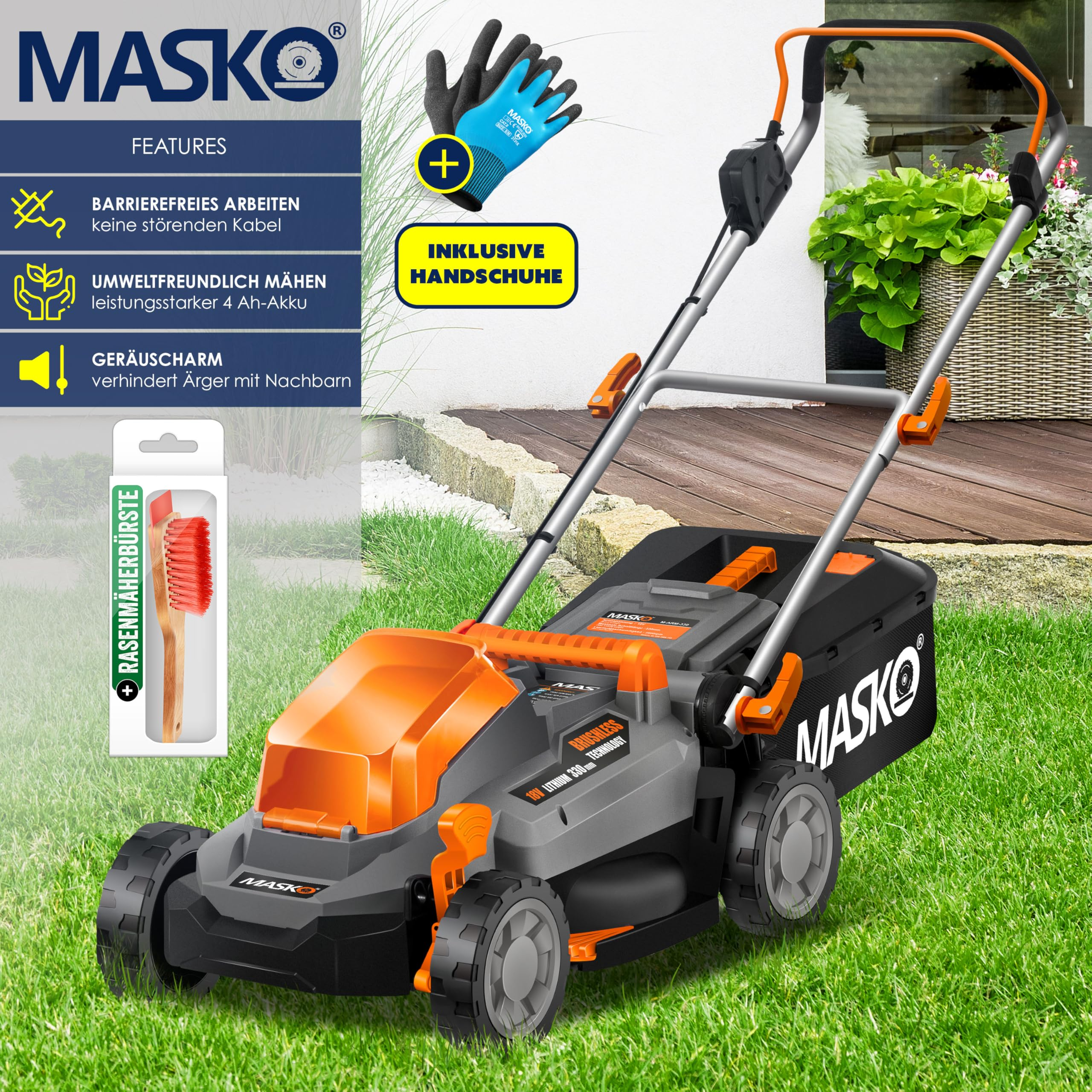 MASKO sans fil Mulch 33cm – avec batterie 4Ah, Tondeuse à gazon (Schnittlargee: 33 cm, avec 30 l volume du panier collecteur)