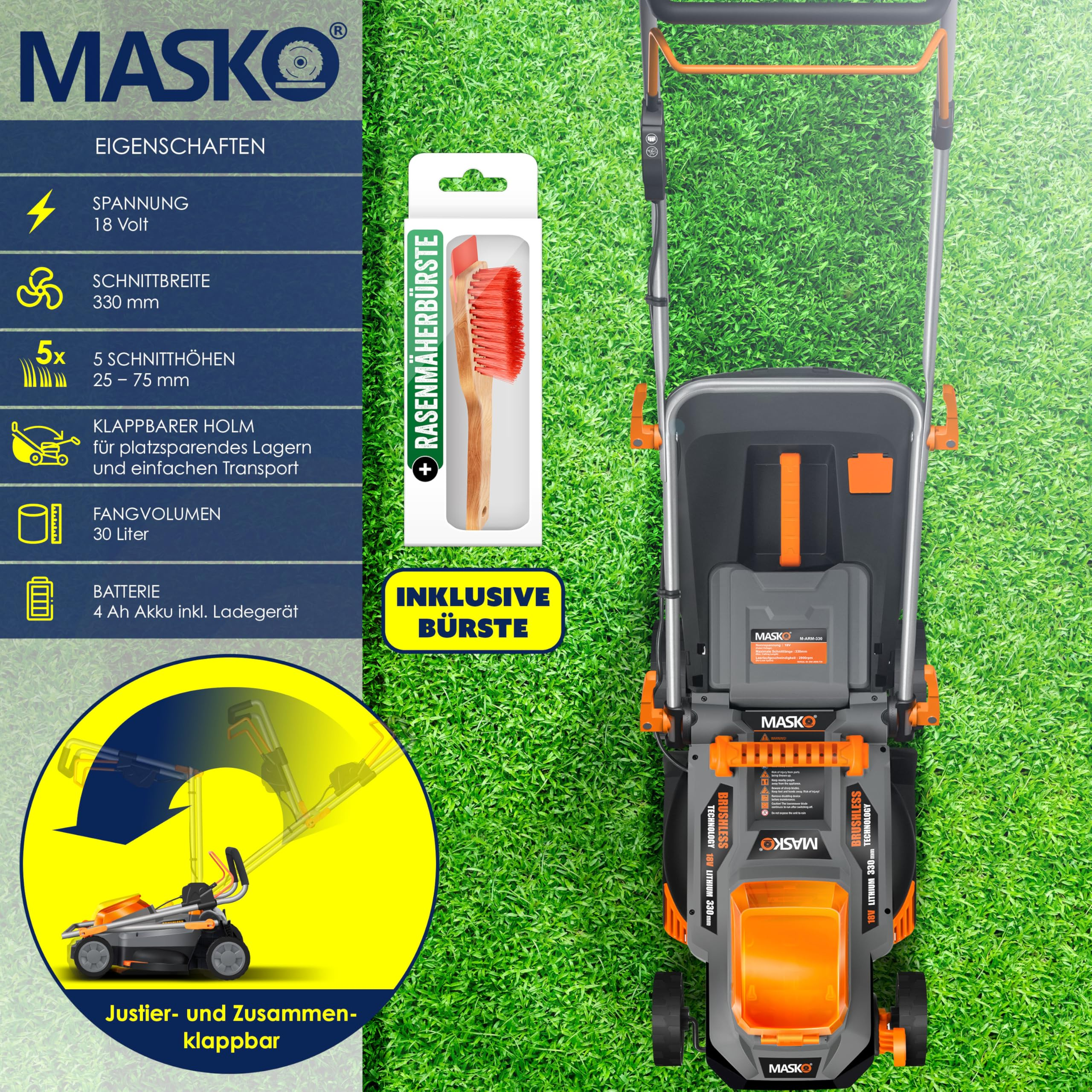 MASKO sans fil Mulch 33cm – avec batterie 4Ah, Tondeuse à gazon (Schnittlargee: 33 cm, avec 30 l volume du panier collecteur)