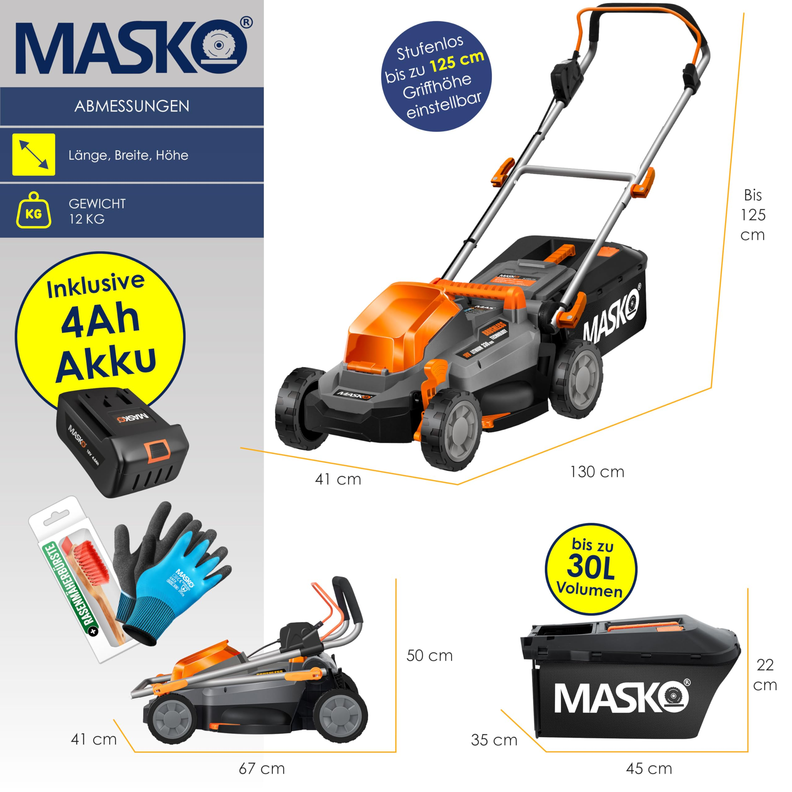 MASKO sans fil Mulch 33cm – avec batterie 4Ah, Tondeuse à gazon (Schnittlargee: 33 cm, avec 30 l volume du panier collecteur)
