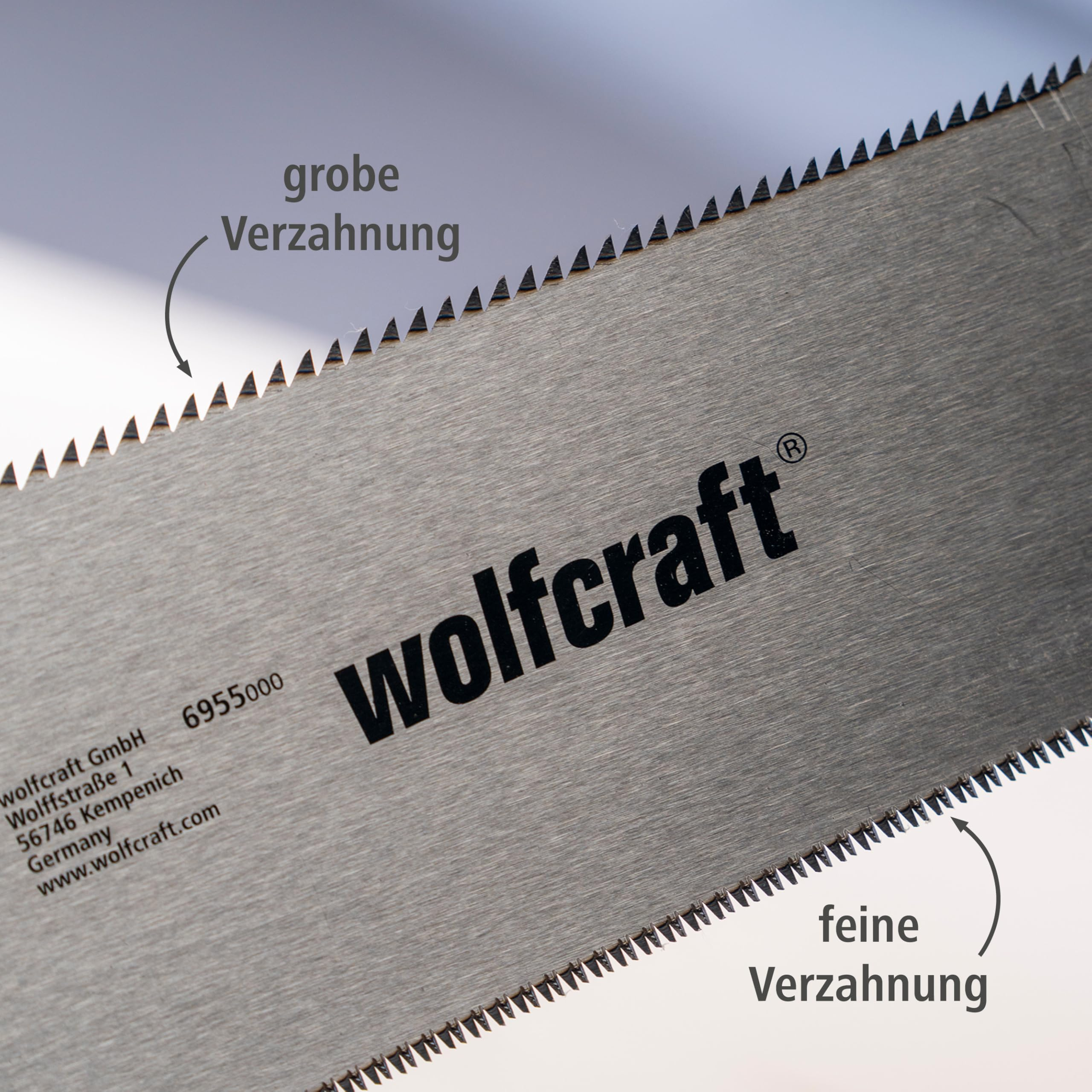 Metallhandsägeblatt mit Wolfcraft Logo, grober und feiner Zahnung sowie Herstellerinformationen.