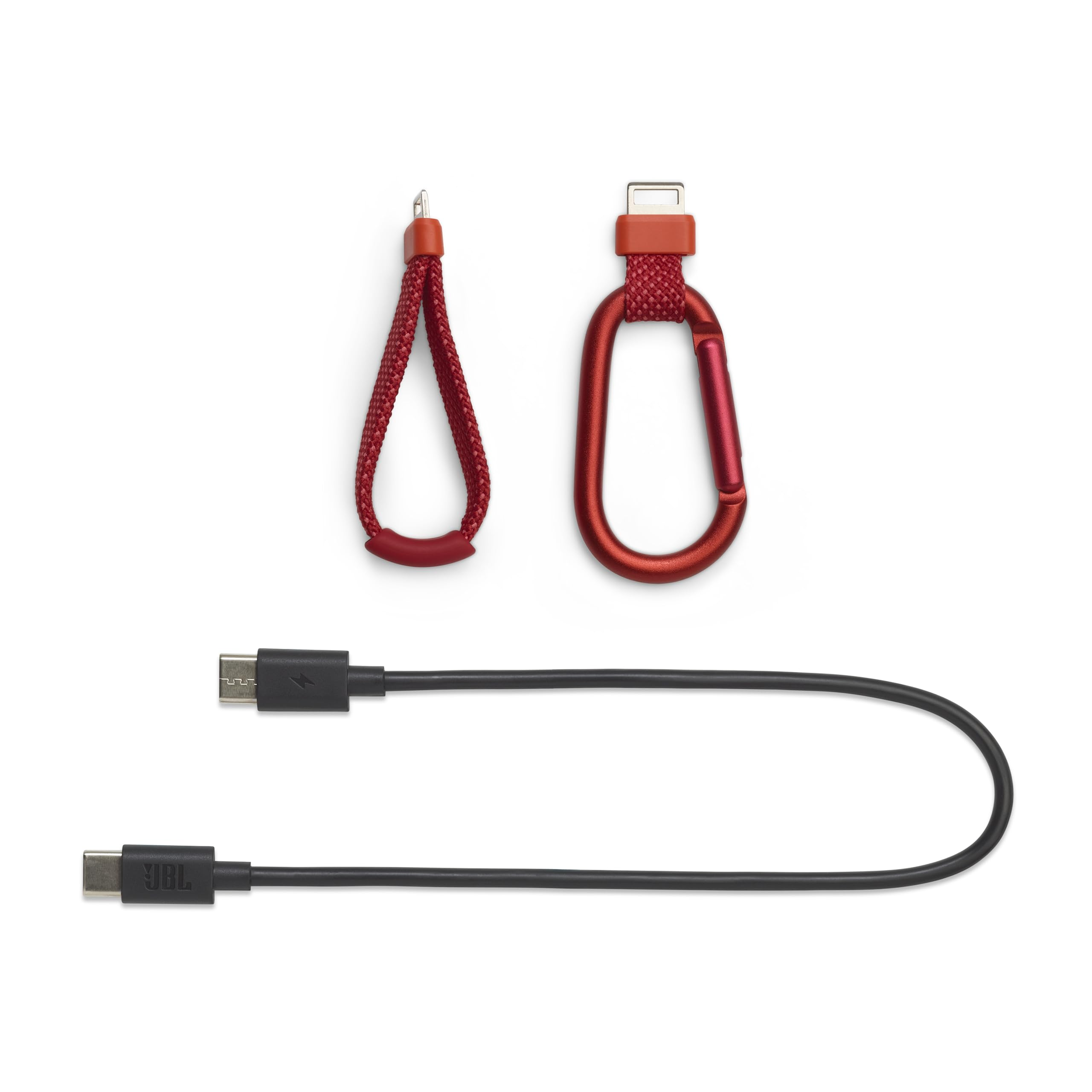 Une lanière rouge, un mousqueton rouge et un câble USB-C noir sur fond blanc.