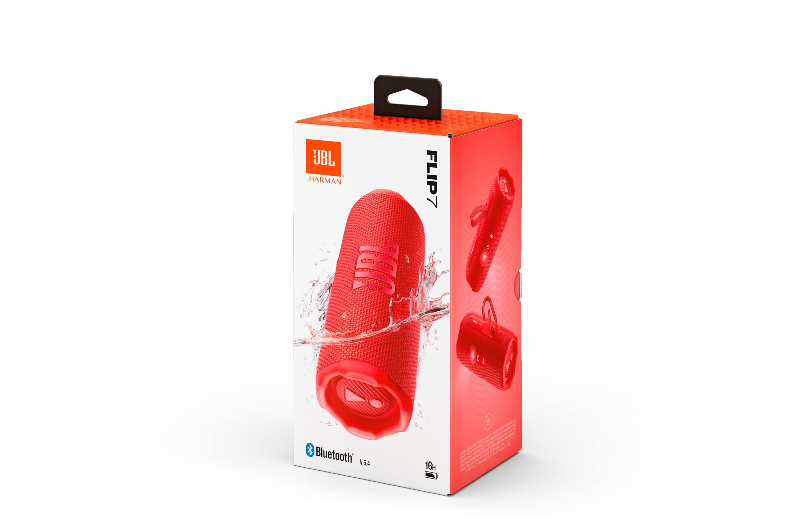 Boîte de produit de l'enceinte Bluetooth JBL Flip 7 rouge sur fond blanc.