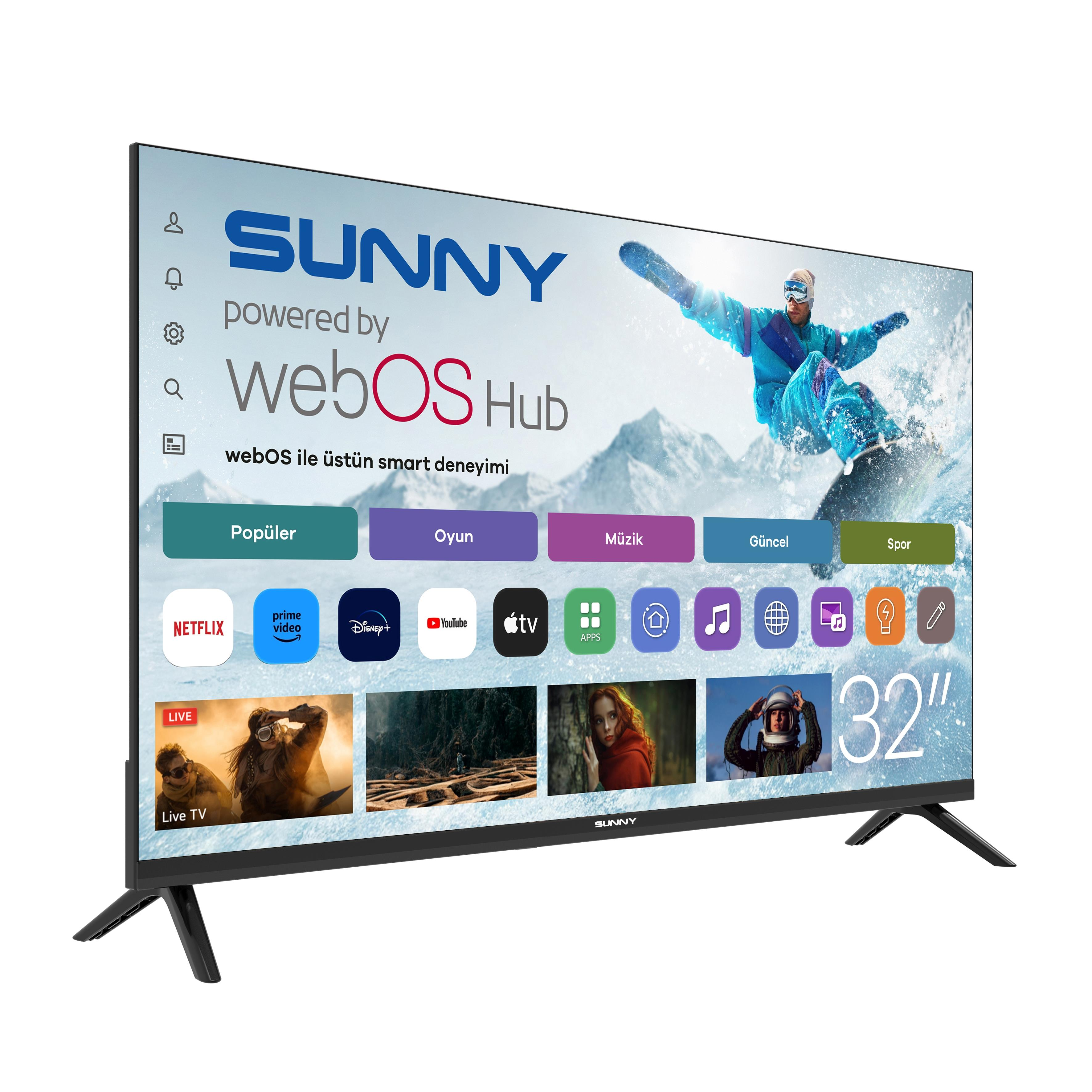Uygulama simgeleri ve snowboard arkaplanı ile webOS Hub arayüzünü gösteren 32 inç Sunny akıllı TV.