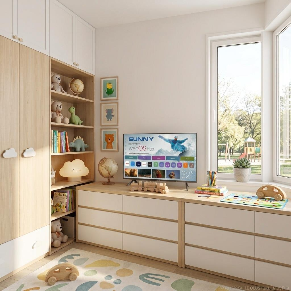 Ahşap mobilyalı, oyuncaklı, komidin üzerinde TV'li ve yeşillik manzaralı büyük pencereli aydınlık çocuk odası.
