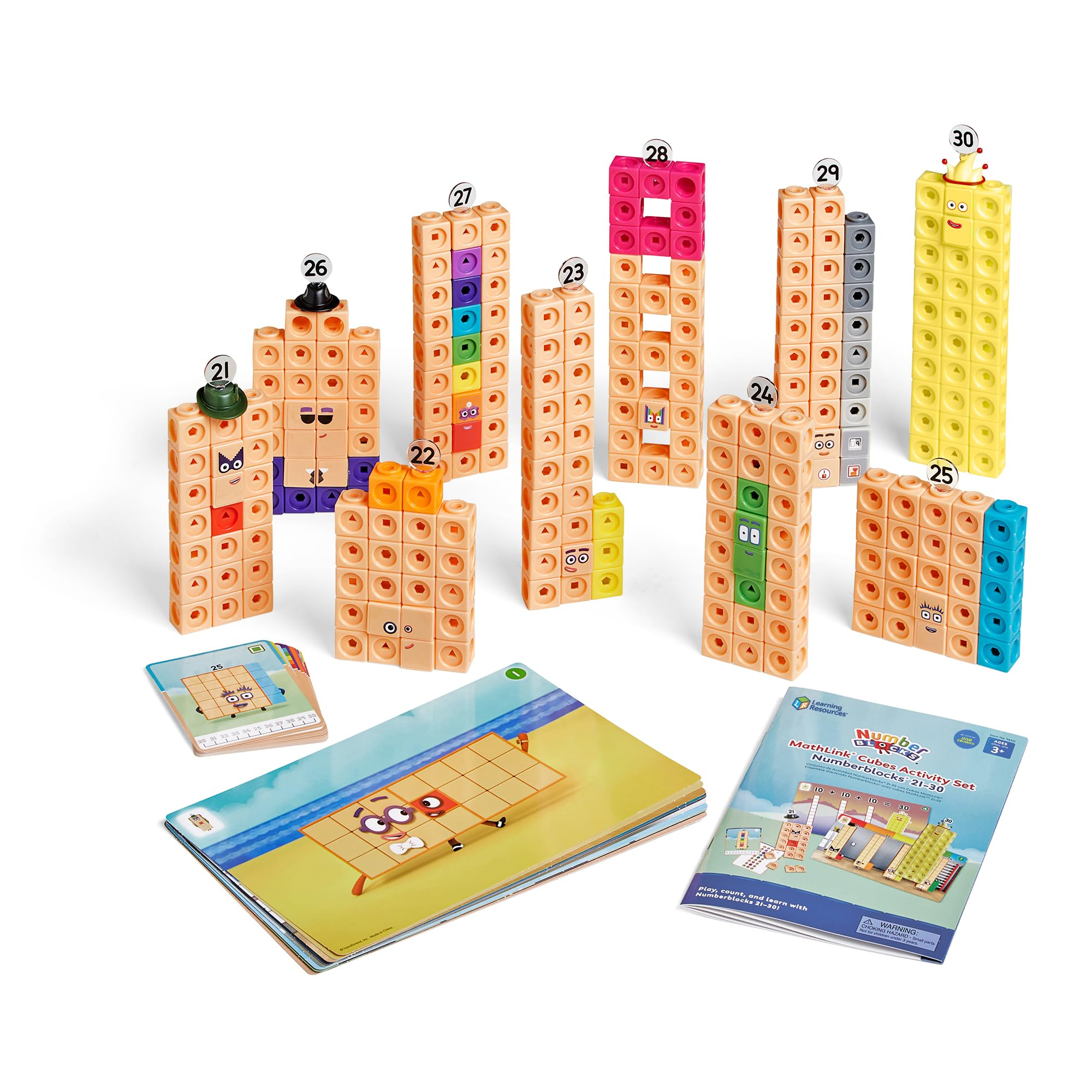 Set di giocattoli Numberblocks con blocchi numerati da 21 a 30, carte e guida.
