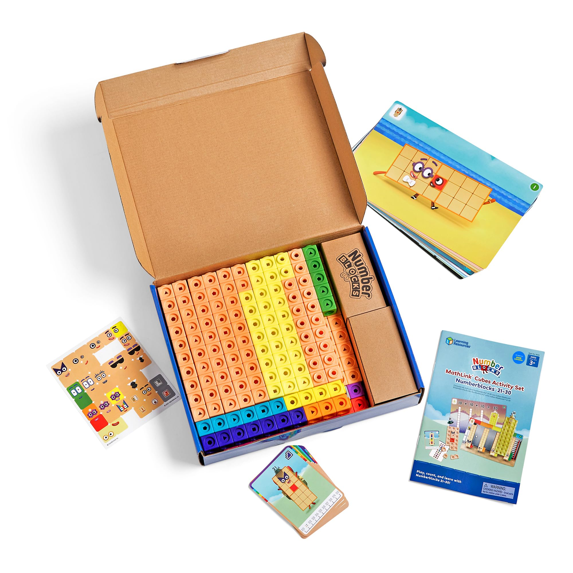 Set cubi MathLink Numberblocks con scatola aperta, blocchi colorati, carte attività e adesivi.