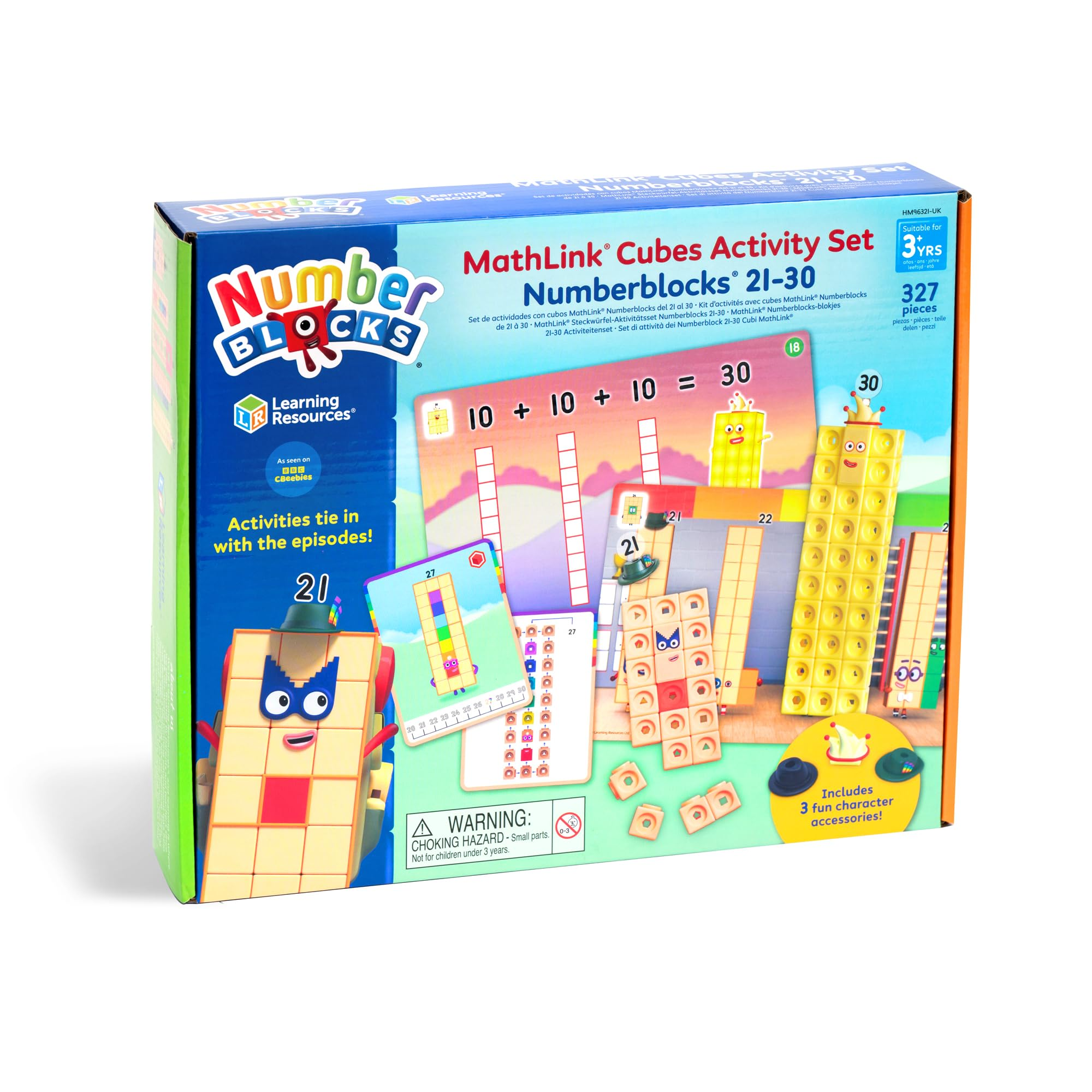 La scatola del set attività MathLink Cubes Numberblocks 21-30 con blocchi e personaggi colorati.