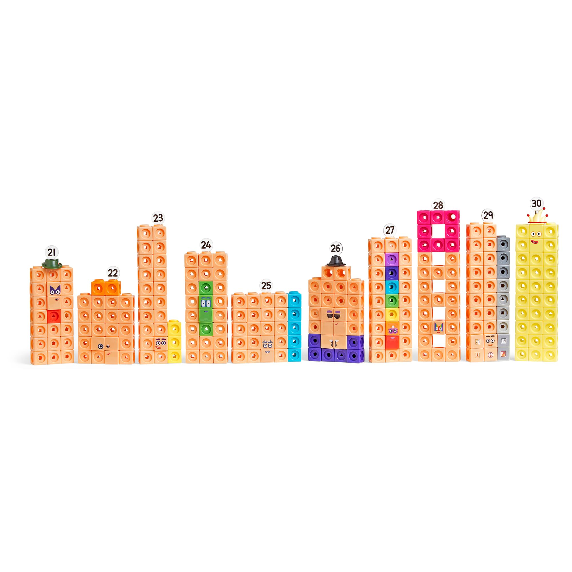 Personaggi Numberblocks colorati numerati dal 21 al 30 fatti di cubi di plastica, su sfondo bianco.