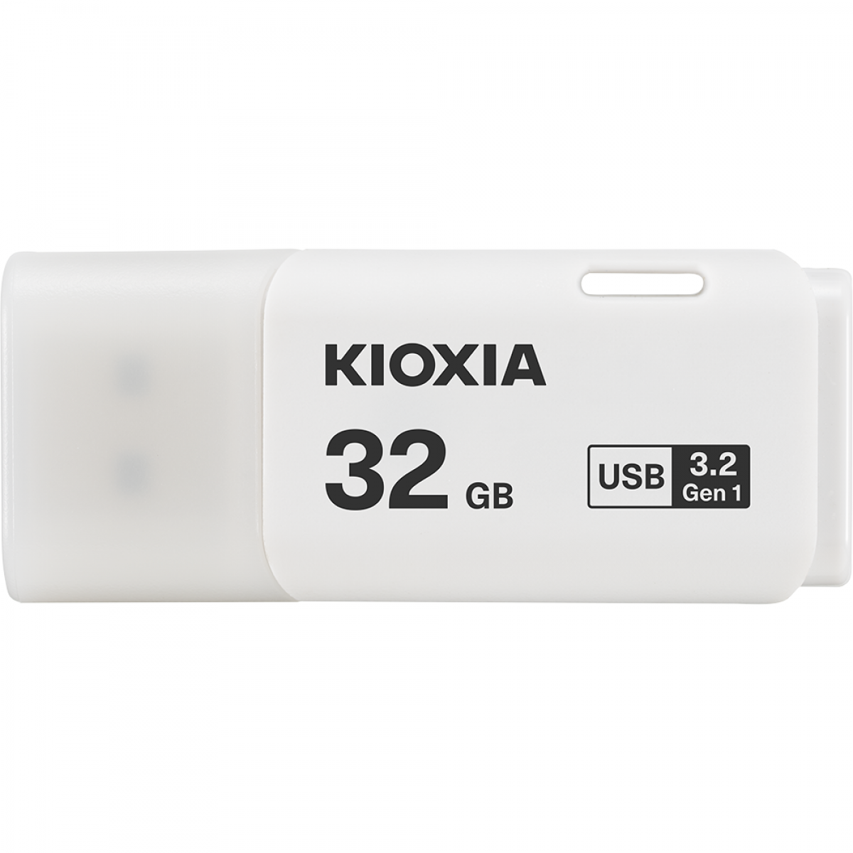 Açık arka planda beyaz bir Kioxia 32GB USB 3.2 Gen 1 bellek.