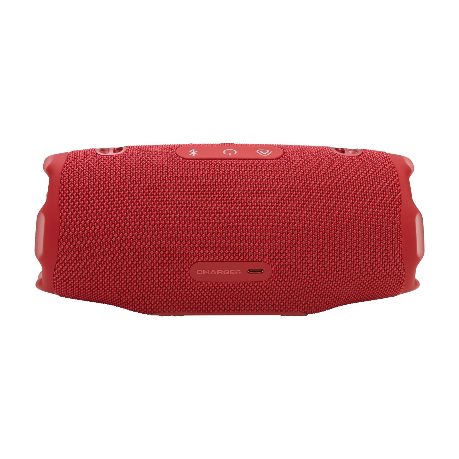 Haut-parleur Bluetooth cylindrique rouge Charge 6 sur fond blanc.