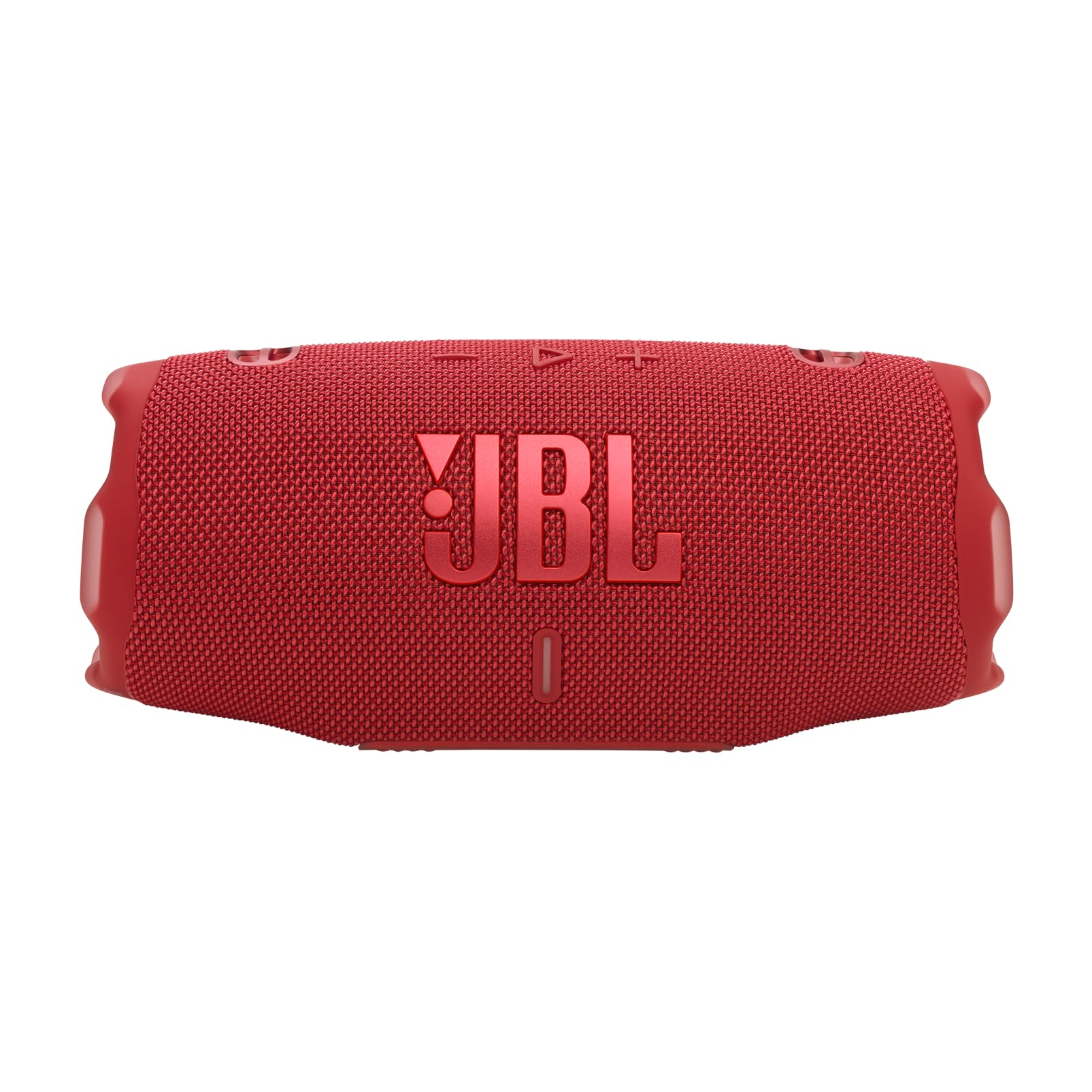 Une enceinte sans fil JBL rouge positionnée horizontalement sur fond blanc.