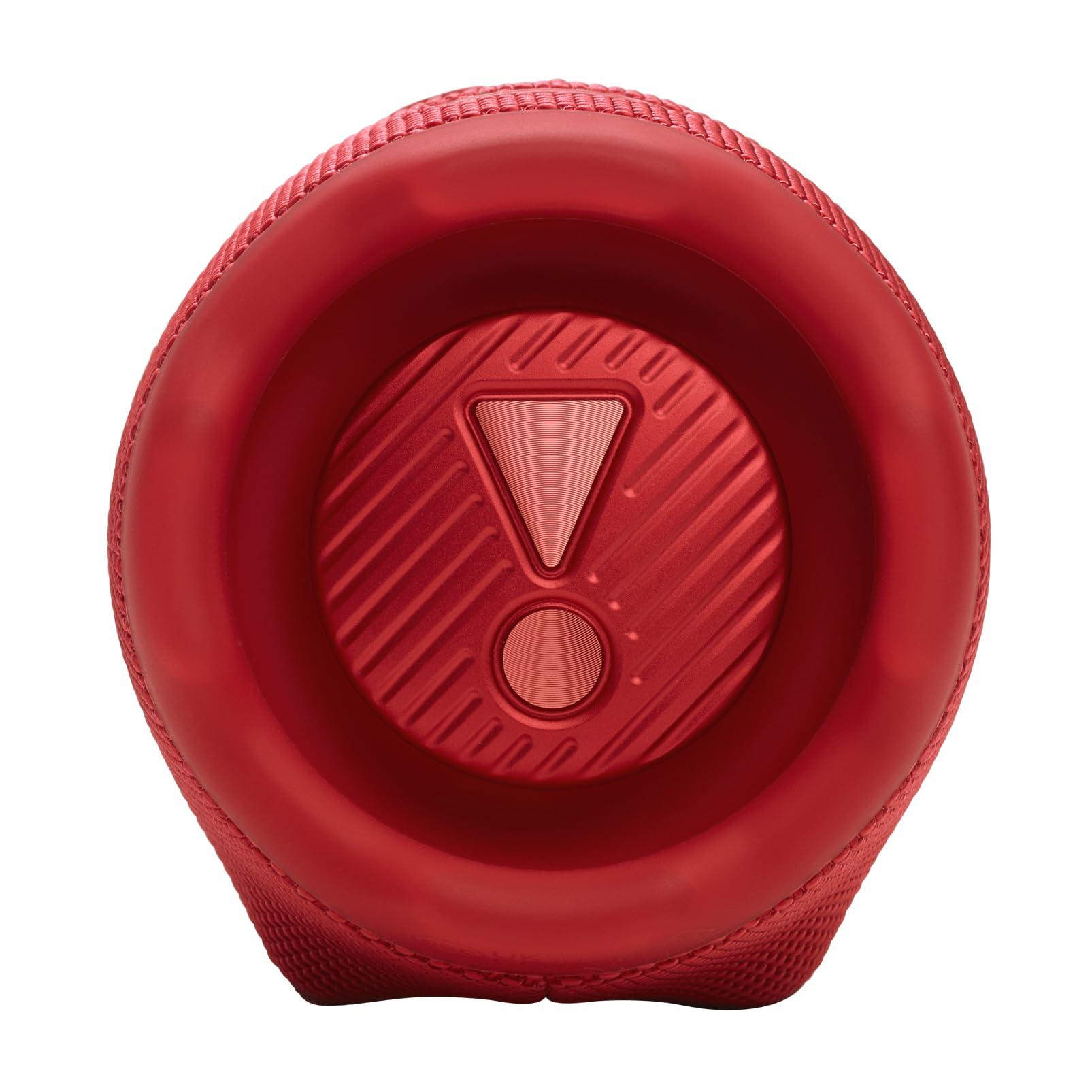 Haut-parleur cylindrique rouge avec un logo point d'exclamation.