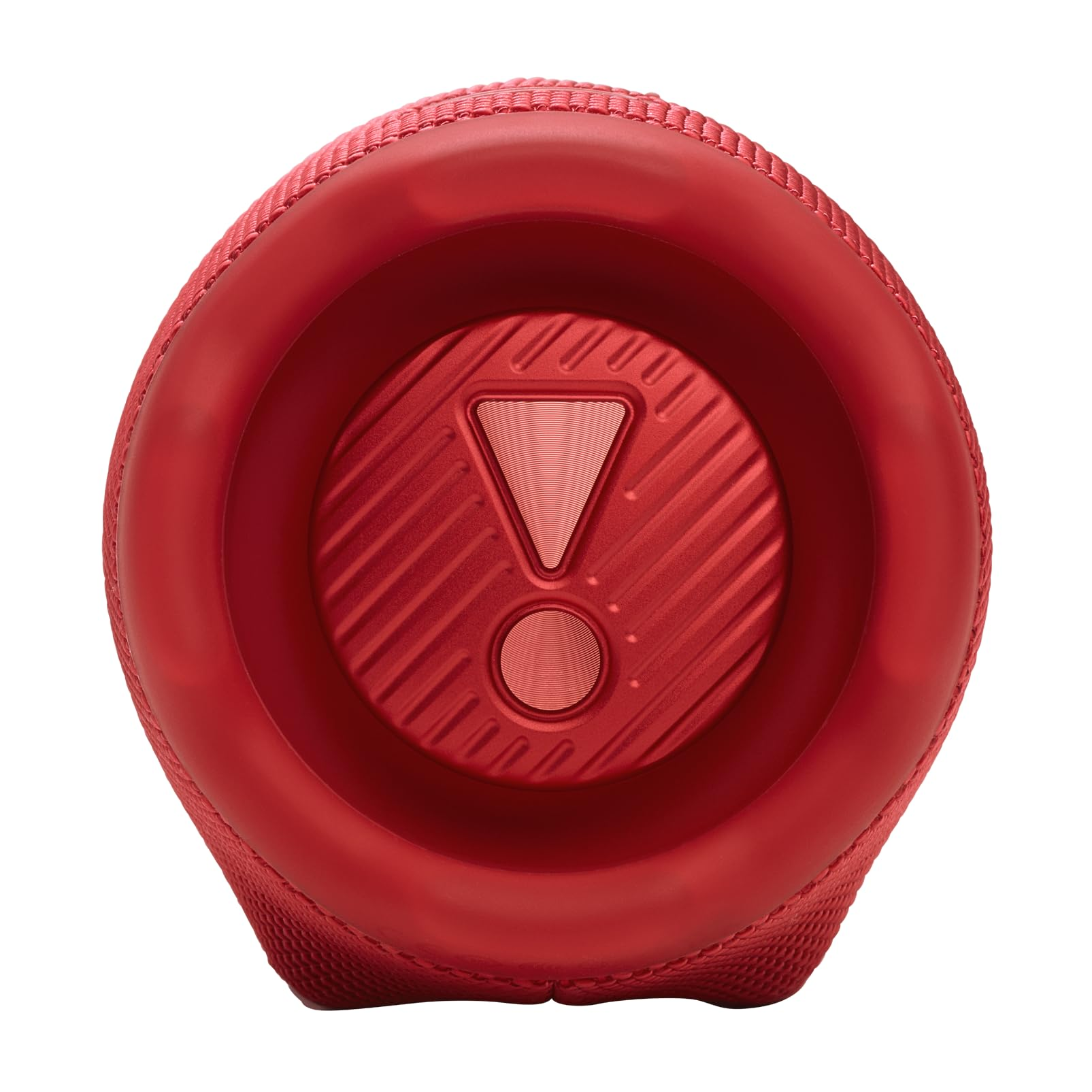 Haut-parleur cylindrique rouge avec un logo de marque centré et un tissu texturé.