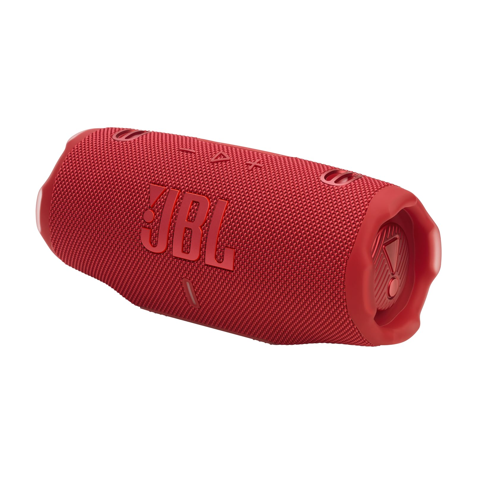Une enceinte sans fil JBL rouge repose en diagonale sur fond blanc.
