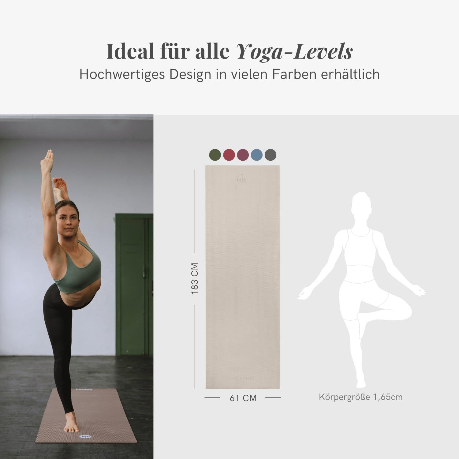 Una donna fa yoga su un tappetino, vicino a dimensioni e colori.