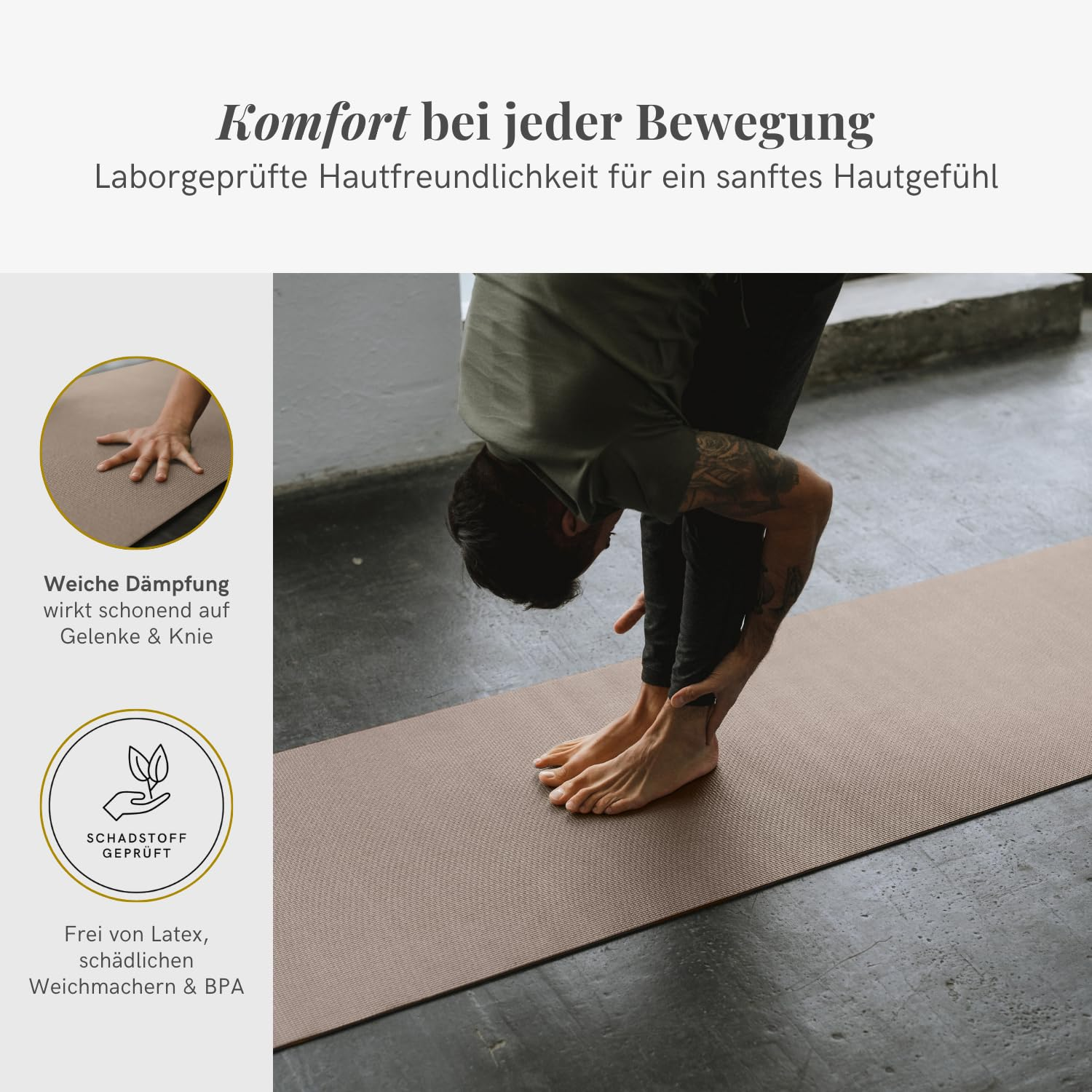 Persona che fa yoga su un tappetino beige, con testo e icone per materiale delicato sulla pelle.