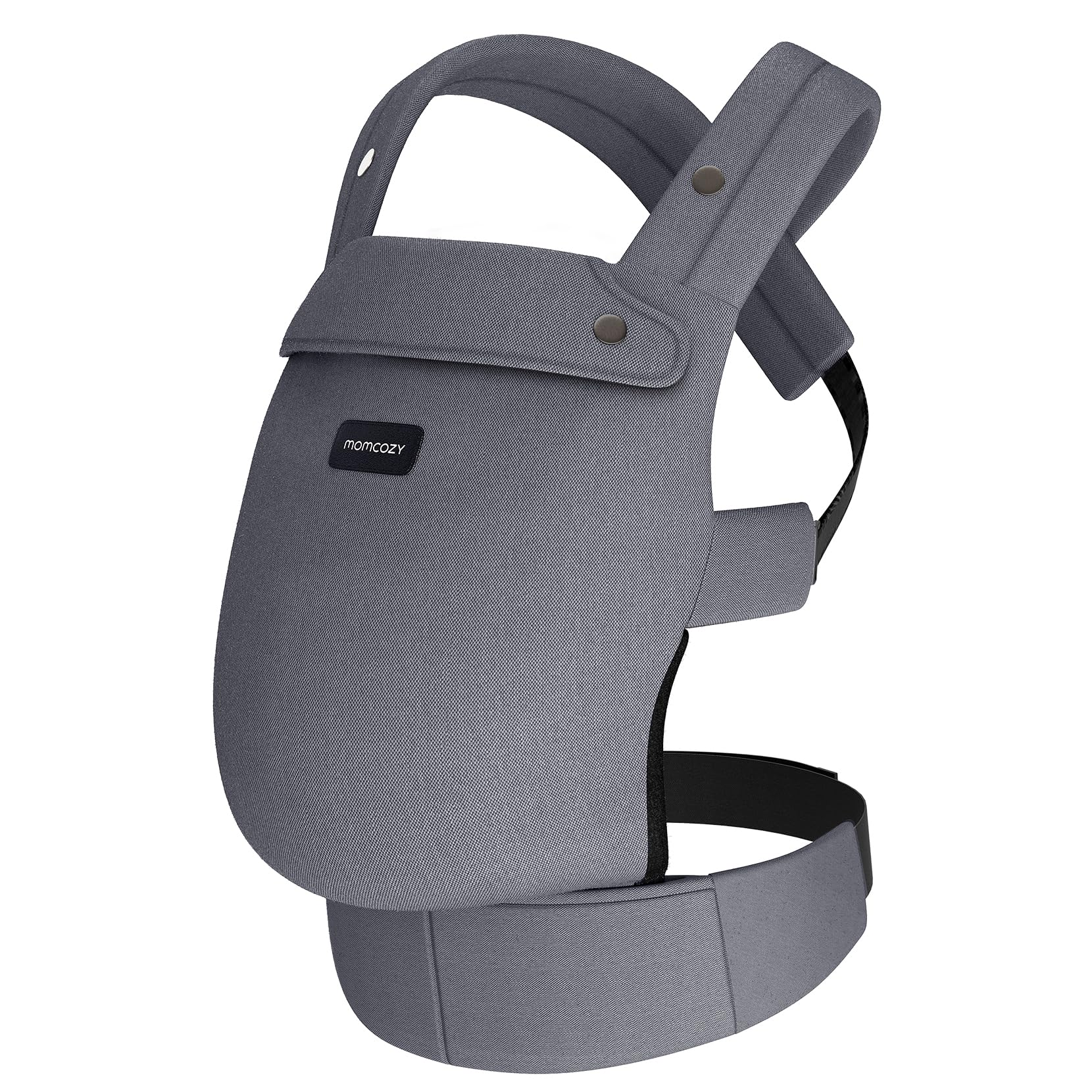 Marsupio grigio con cinghie regolabili e logo nero Momcozy sul davanti su sfondo bianco.