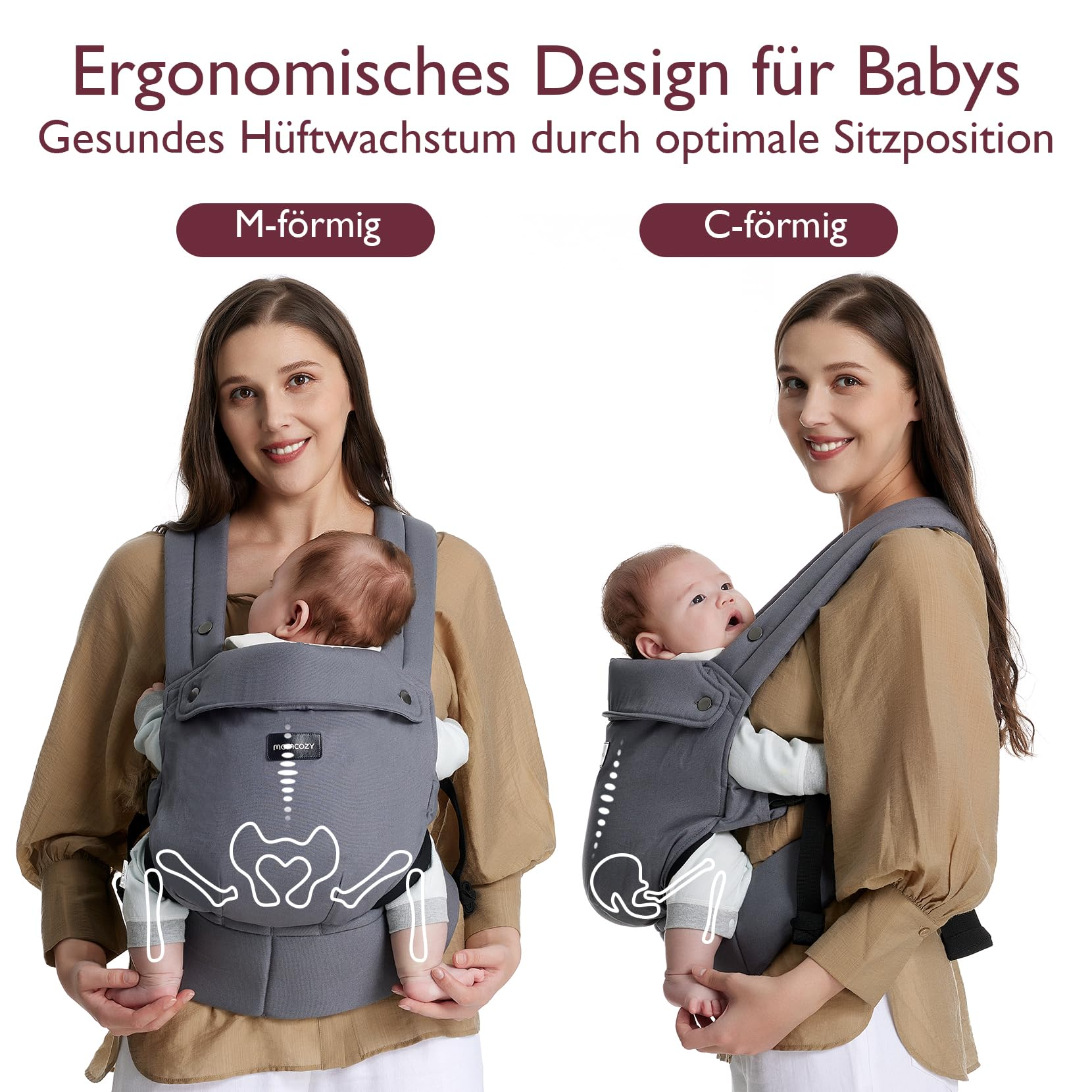 Due donne portano neonati in marsupi grigi, evidenziando posizioni ergonomiche a forma di M e C con diagrammi.