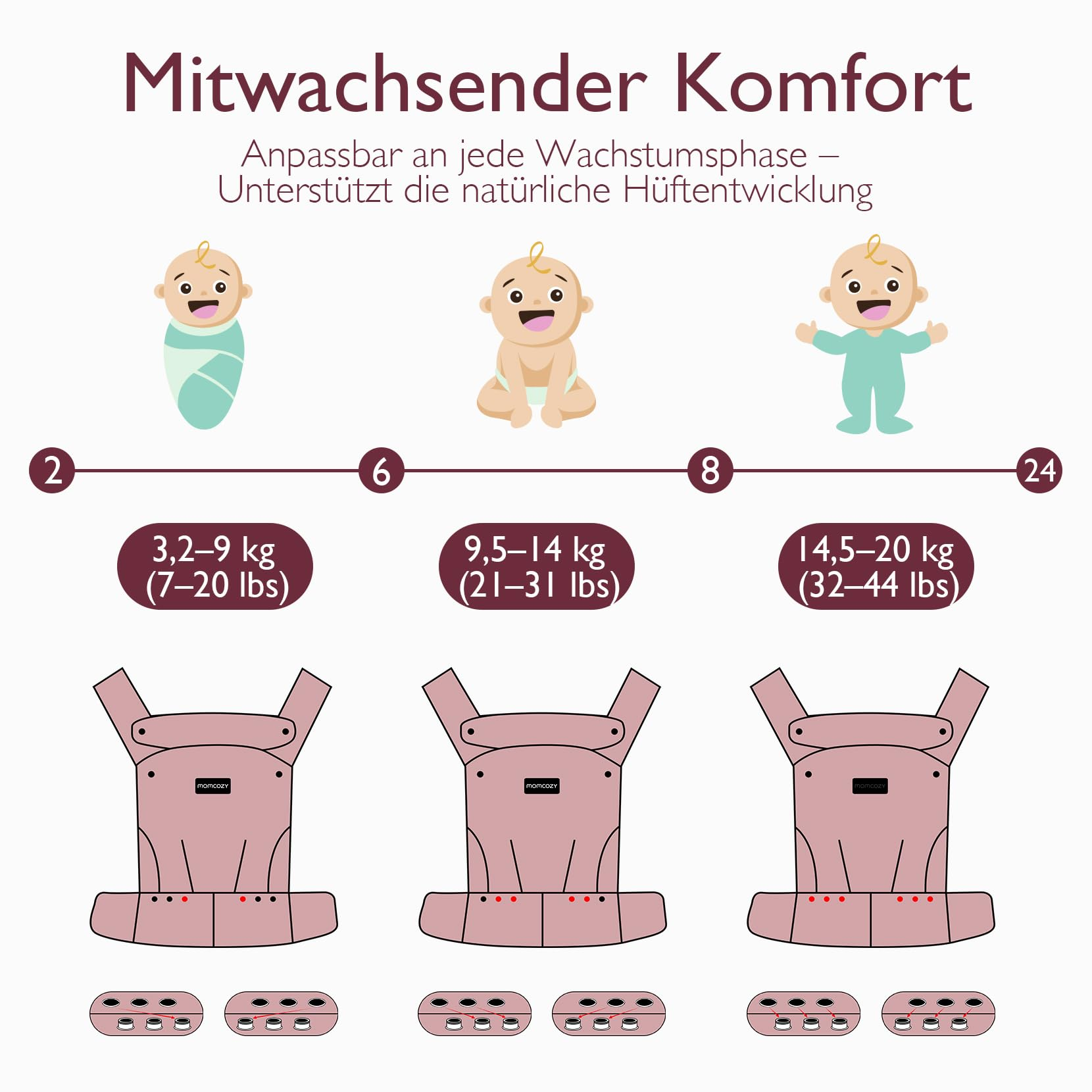 Infografik zeigt die Anpassung einer Babytrage für verschiedene Wachstumsphasen von 2 bis 24 Monaten.