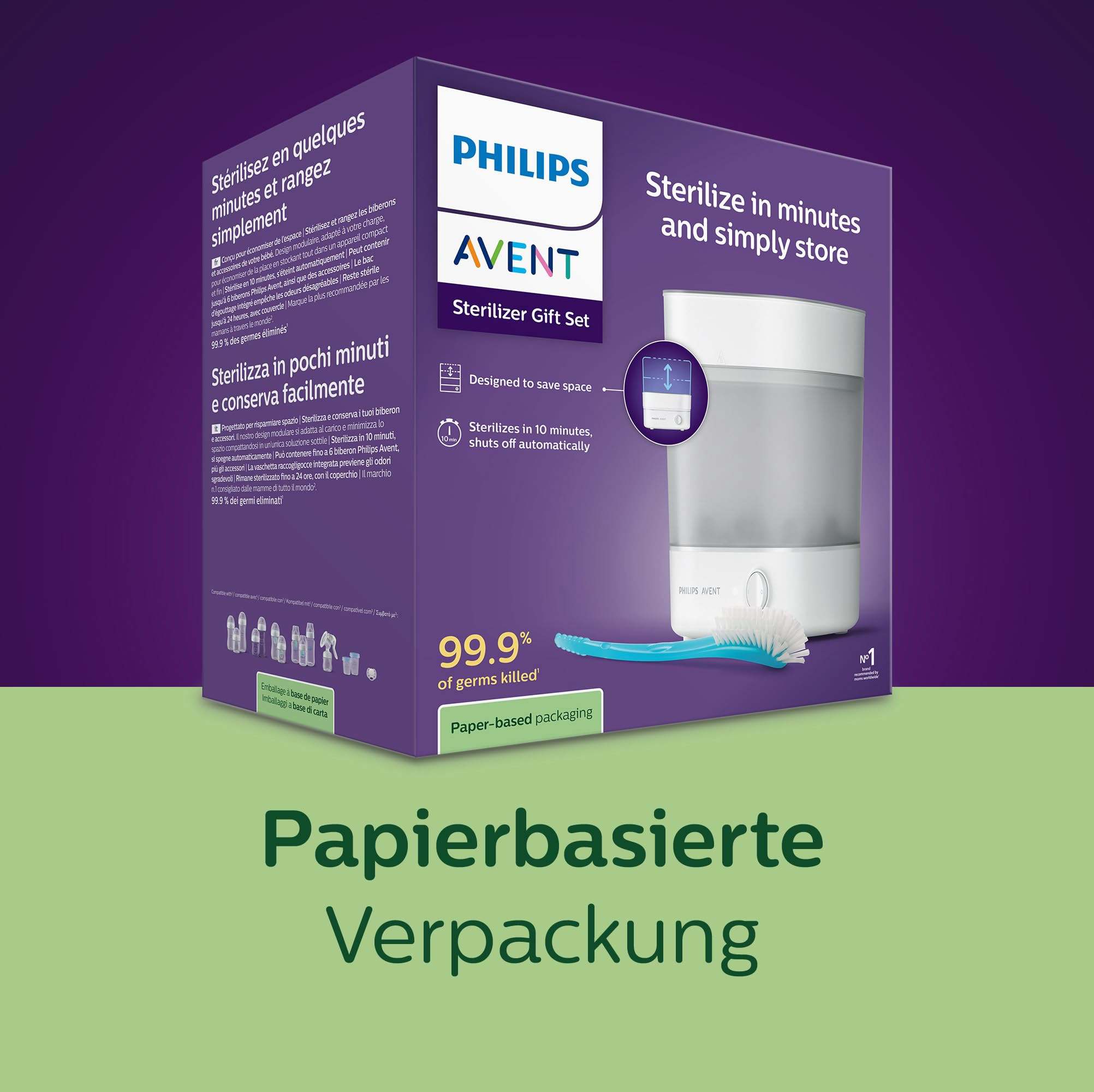 Philips Avent Sterilisator-Geschenkset in papierbasierter Verpackung mit weißem Sterilisator und blauer Bürste.